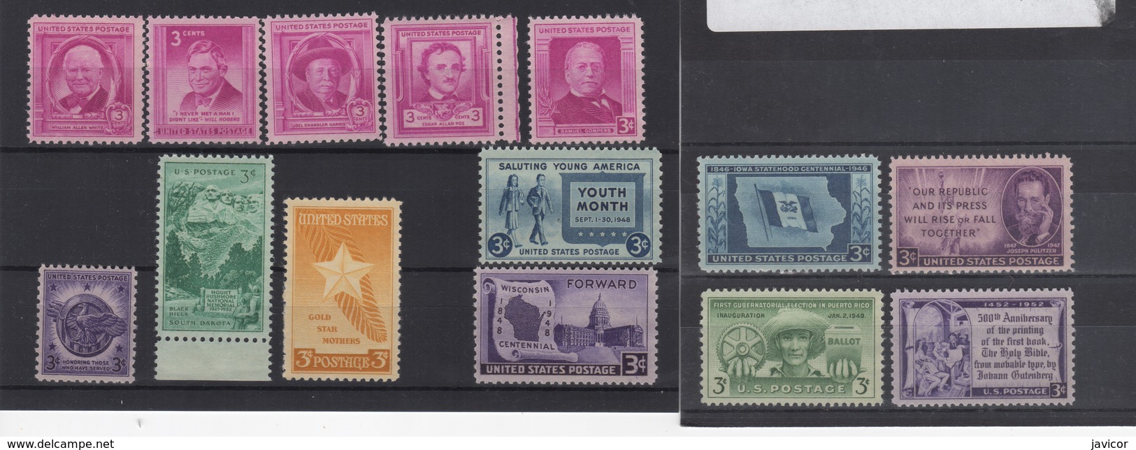 Varios Sellos 14 Unidades 1946 / 1952 Estados Unidos Con Goma Sin Señales MNH** - Unused Stamps