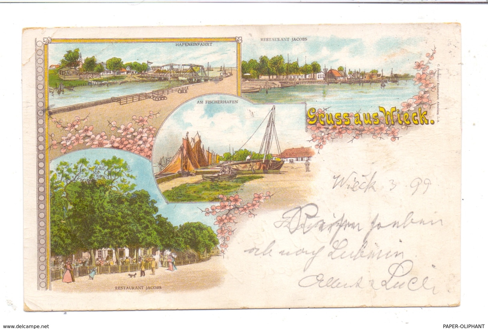 0-2381 WIECK, Lithographie 1899, Restaurant Jacobs, Hafeneinfahrt, Am Fischerhafen, Druckstelle - Fischland/Darss