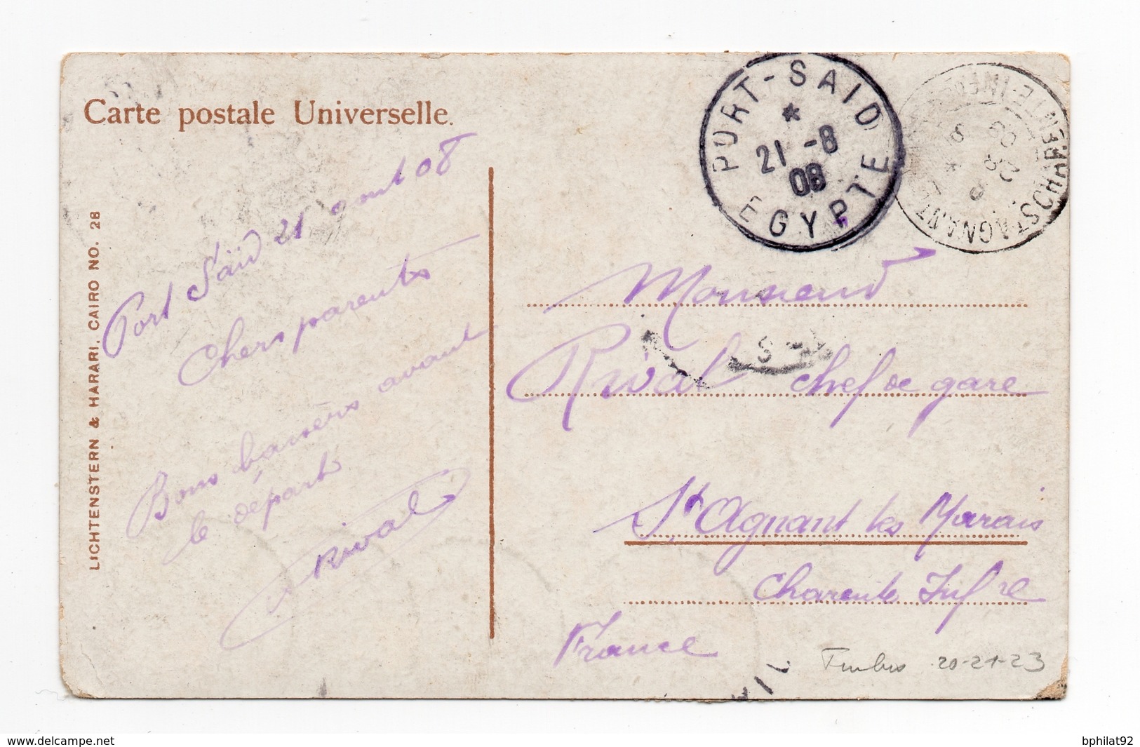 !!! PRIX FIXE : PORT SAID, TYPES BLANC SUR CPA DE 1908 POUR LA FRANCE - Briefe U. Dokumente