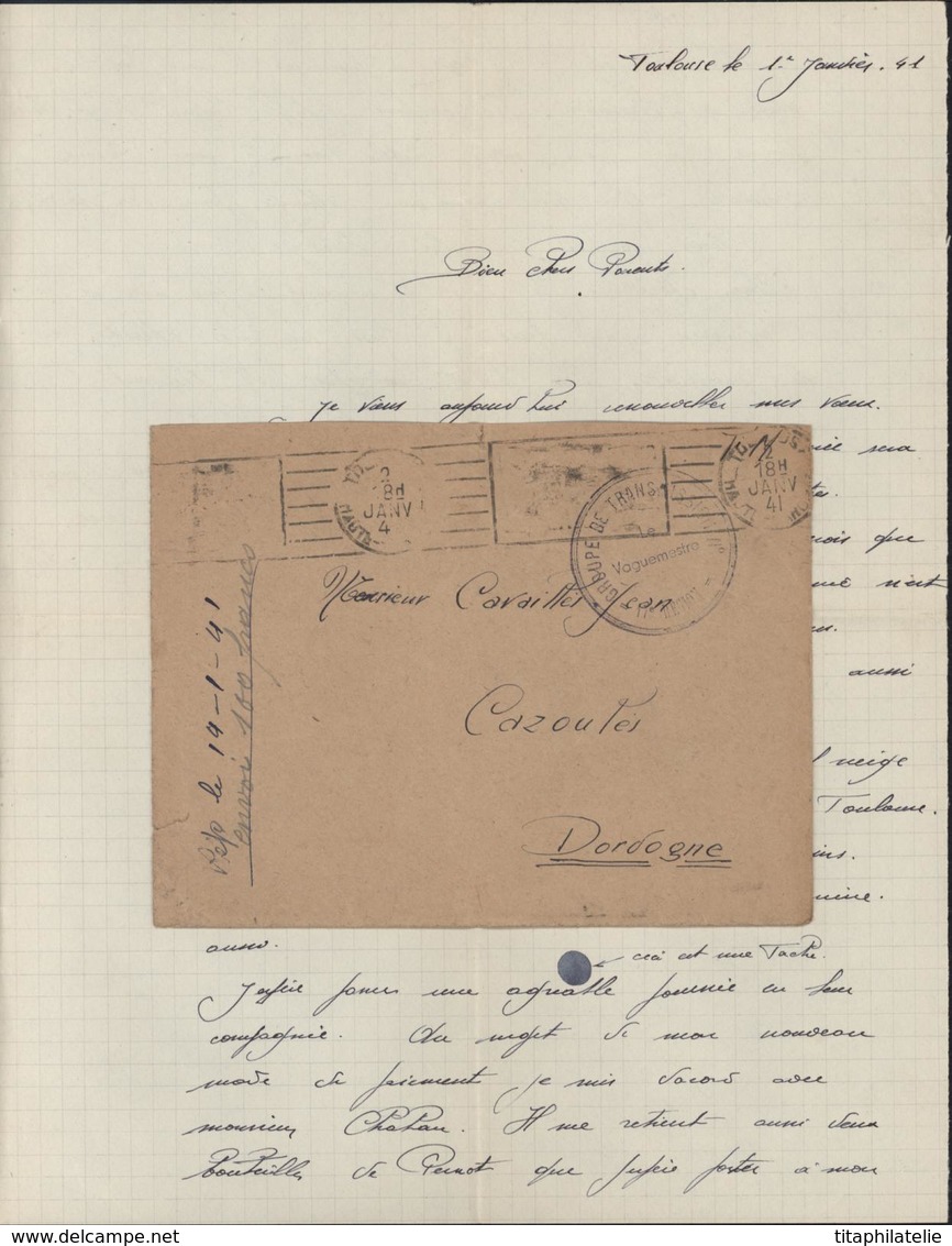 Lettre FM Guerre 40 Groupe Transmission N°17e Région Flamme Caviardée 2 Janv 41 Dreyfuss 1994 TOU534 Demande Occupant - Guerra Del 1939-45