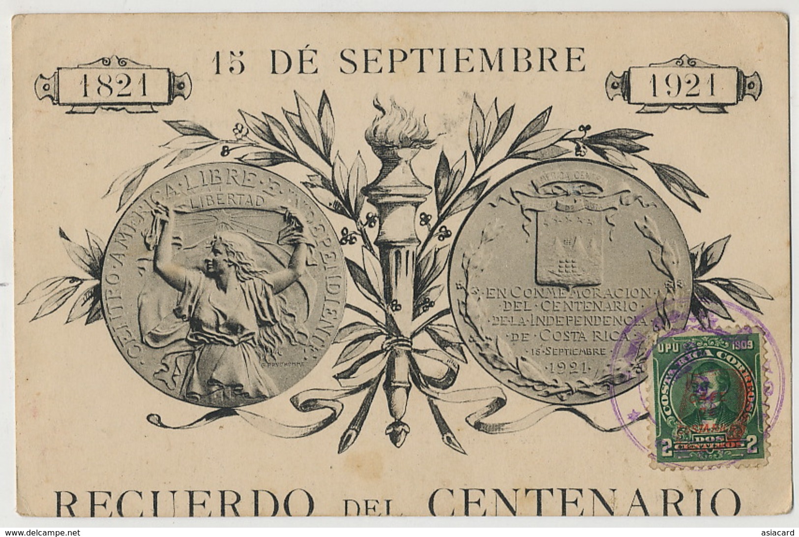 Recuerdo Del Centenario 15 De Septiembre 1821 - 1921  . Circulada - Costa Rica