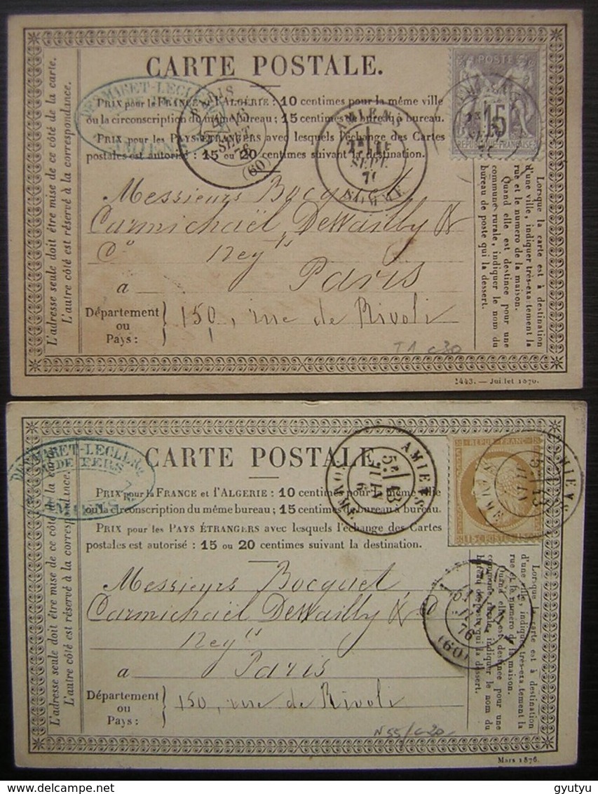 Amiens,1876 Lot De 2 Cartes Précurseur Desmaret Leclerq ( Fers), Voir Photos Pour Les Timbres Et Oblitérations ! - 1849-1876: Classic Period