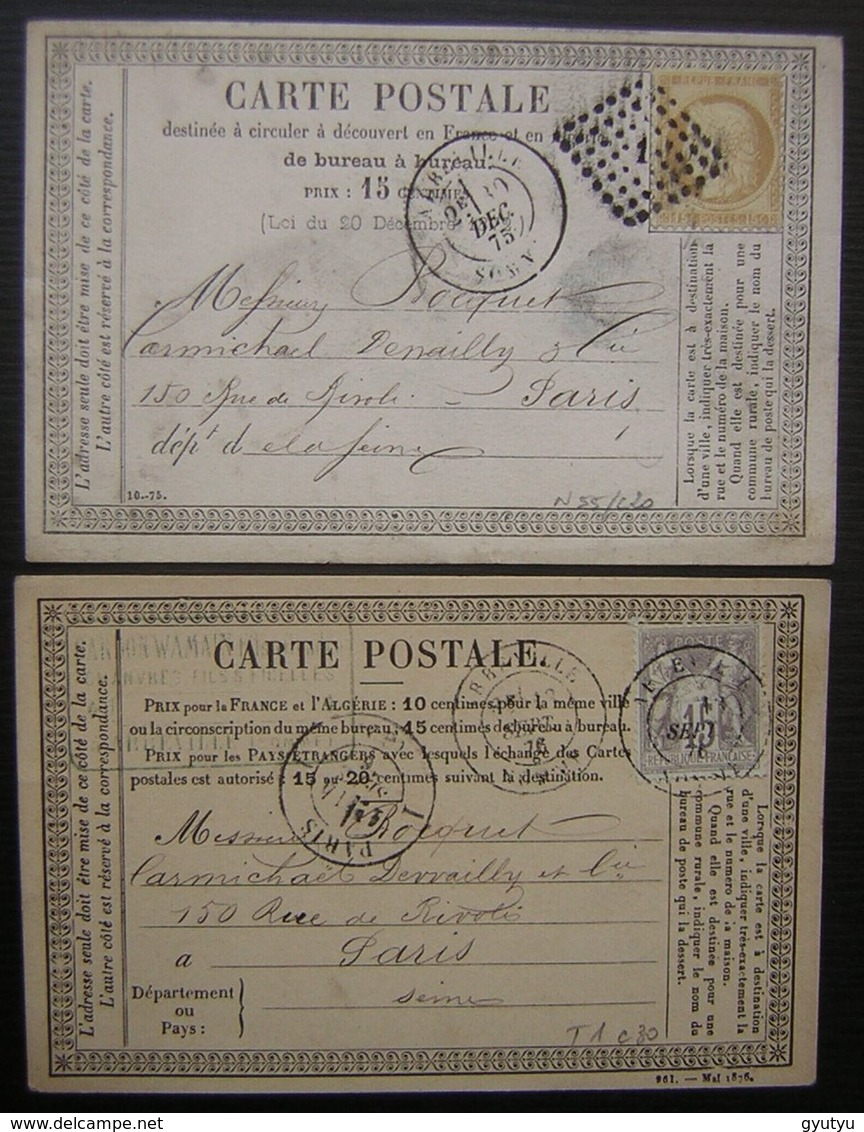 Abbeville (Somme) Cardon Wamain Fils Et Gendre  Chanvre Fils Et Ficelles, Lot De 2 Cartes Précurseur 1875 Et 1876 - 1849-1876: Classic Period