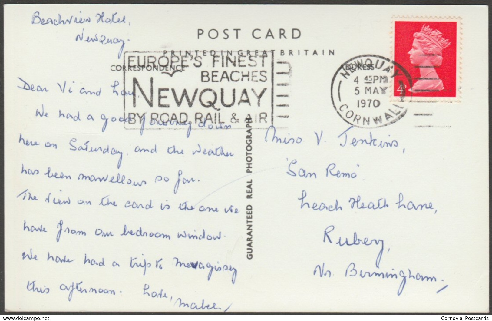 View From Beachview Hotel, Newquay, Cornwall, 1970 - RP Postcard - Newquay