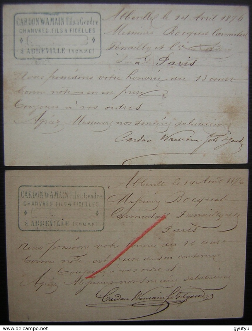 Abbeville (Somme) 1876 Cardon Wamain Fils Et Gendre  Chanvre Fils Et Ficelles, Lot De 2 Cartes Précurseur (lot 2) - 1849-1876: Classic Period