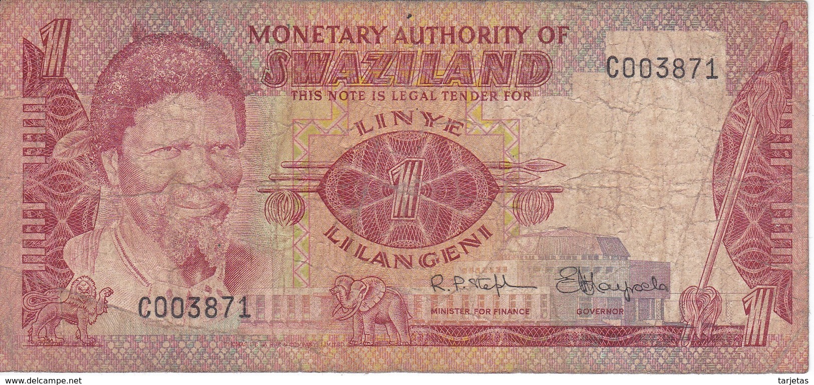 BILLETE DE SWAZILAND DE 1 LILANGENI DEL AÑO 1974   (BANKNOTE) LEON-ELEFANTE-LION-ELEPHANT - Swaziland