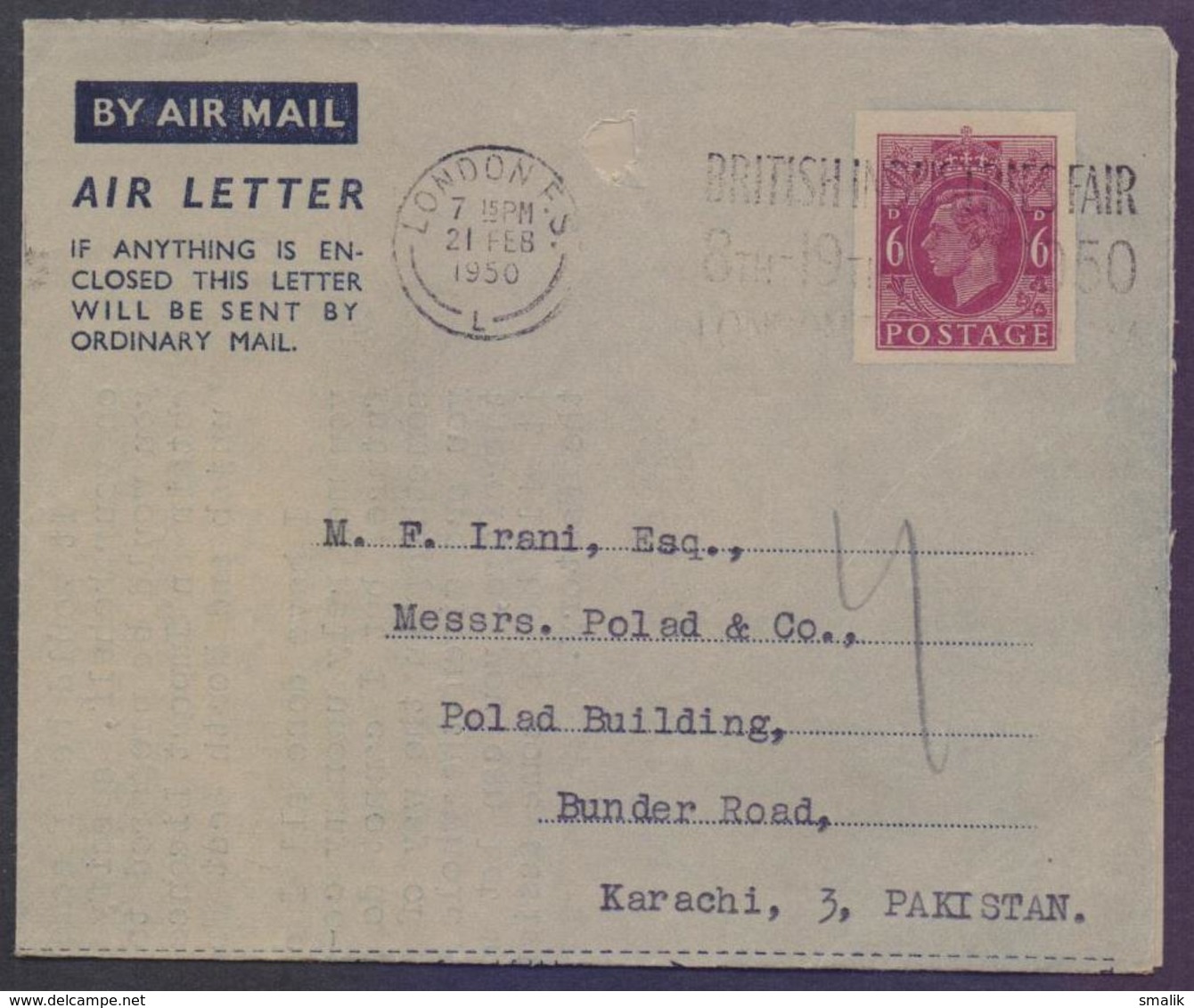 Great Britain UK GB - Postal History, 6d Aerogramme Stationery, Used 21.2.1950 With Slogan Postmark - Stamped Stationery, Airletters & Aerogrammes