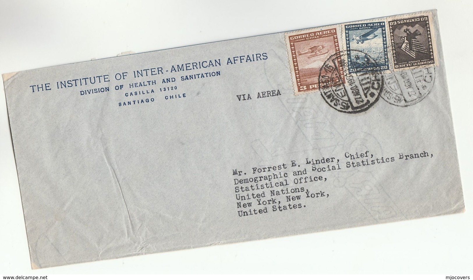 1951 CHILE  HEALTH & SANITATION DIVISION To UN NY USA United Nation Stamps Cover Airmail Aviation - Chile