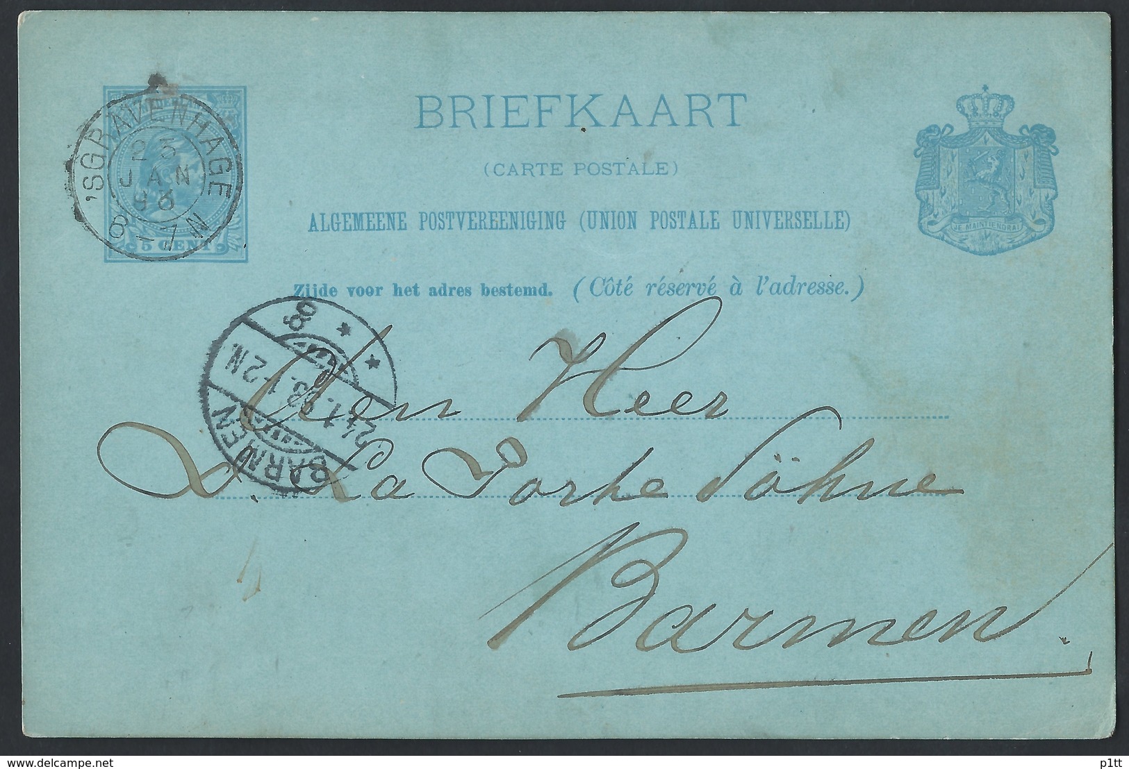 6n.Postcard. The Post Of 1893 Has Passed. The Hague (Netherlands) The Barman (Germany) - Brieven En Documenten