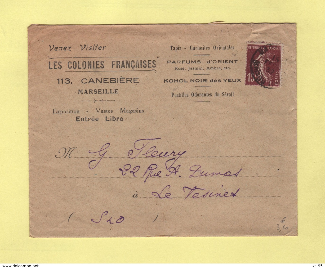 Type Semeuse - Lettre A En Tete Venez Visiter Les Colonies Francaises - Parfums... - Voir Au Dos - Marseille - 1877-1920: Période Semi Moderne