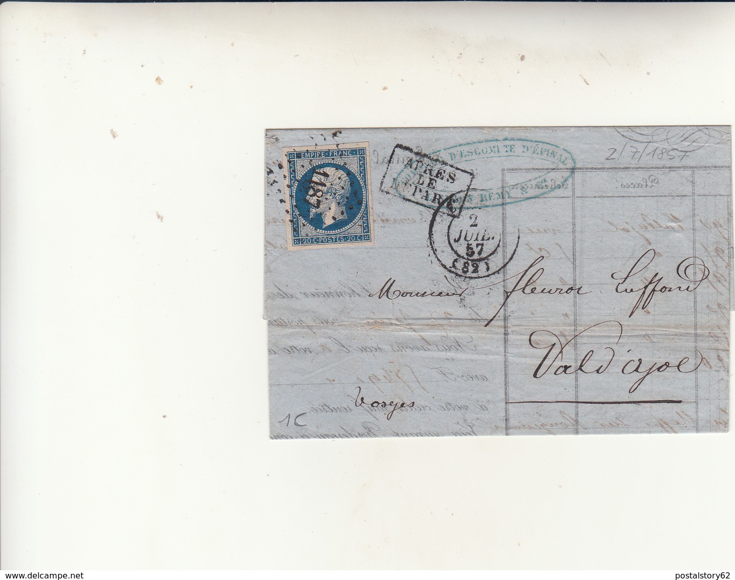 Opinal To Vosges Cover 1857 Apres Le Depart In Cartella - 1853-1860 Napoleone III