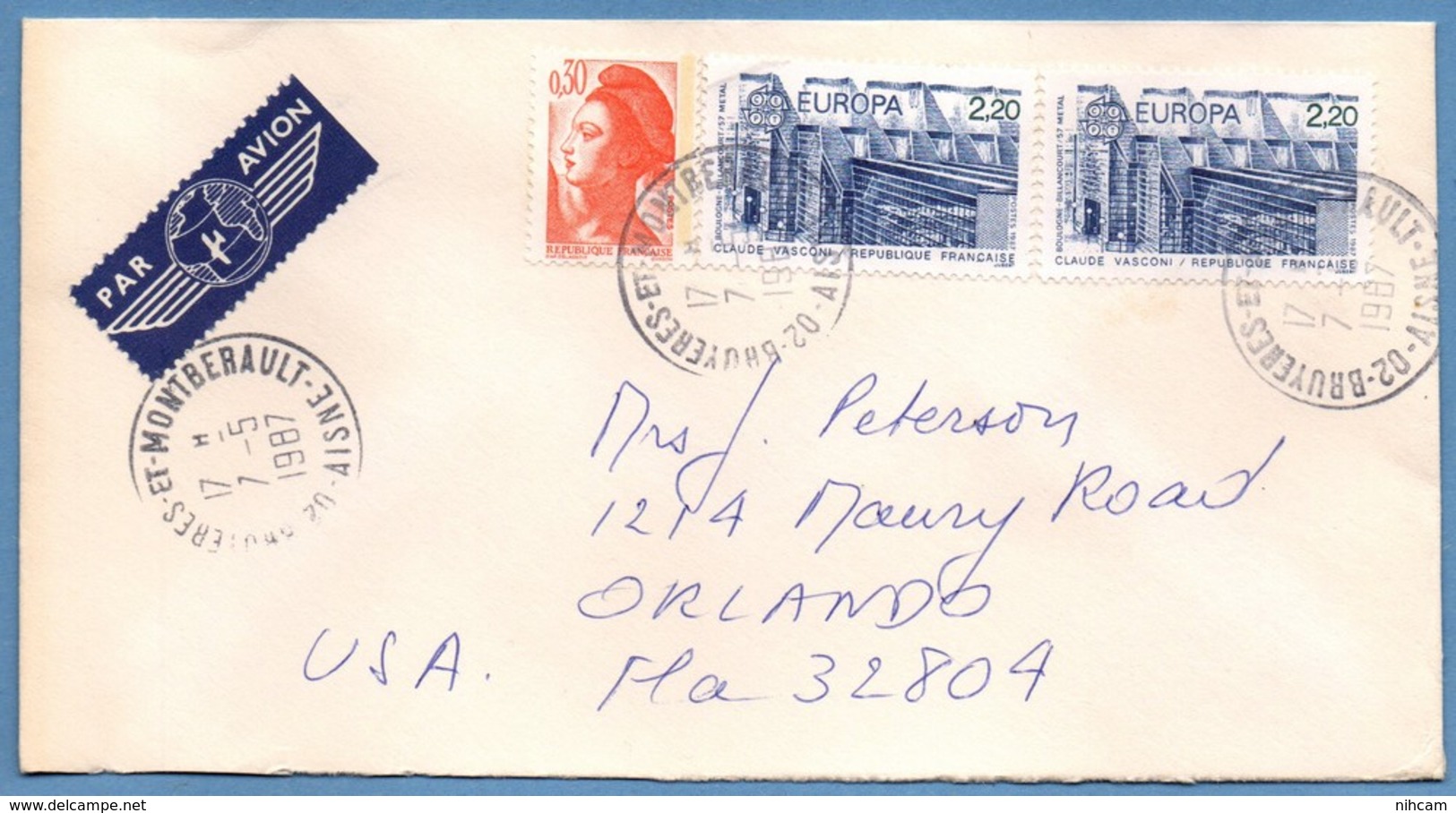 Lettre Bruyères Et Montberault ( Aisne 02 ) Type A9 1987 / N° 2471 + Liberté > Orlando USA TB - 1987