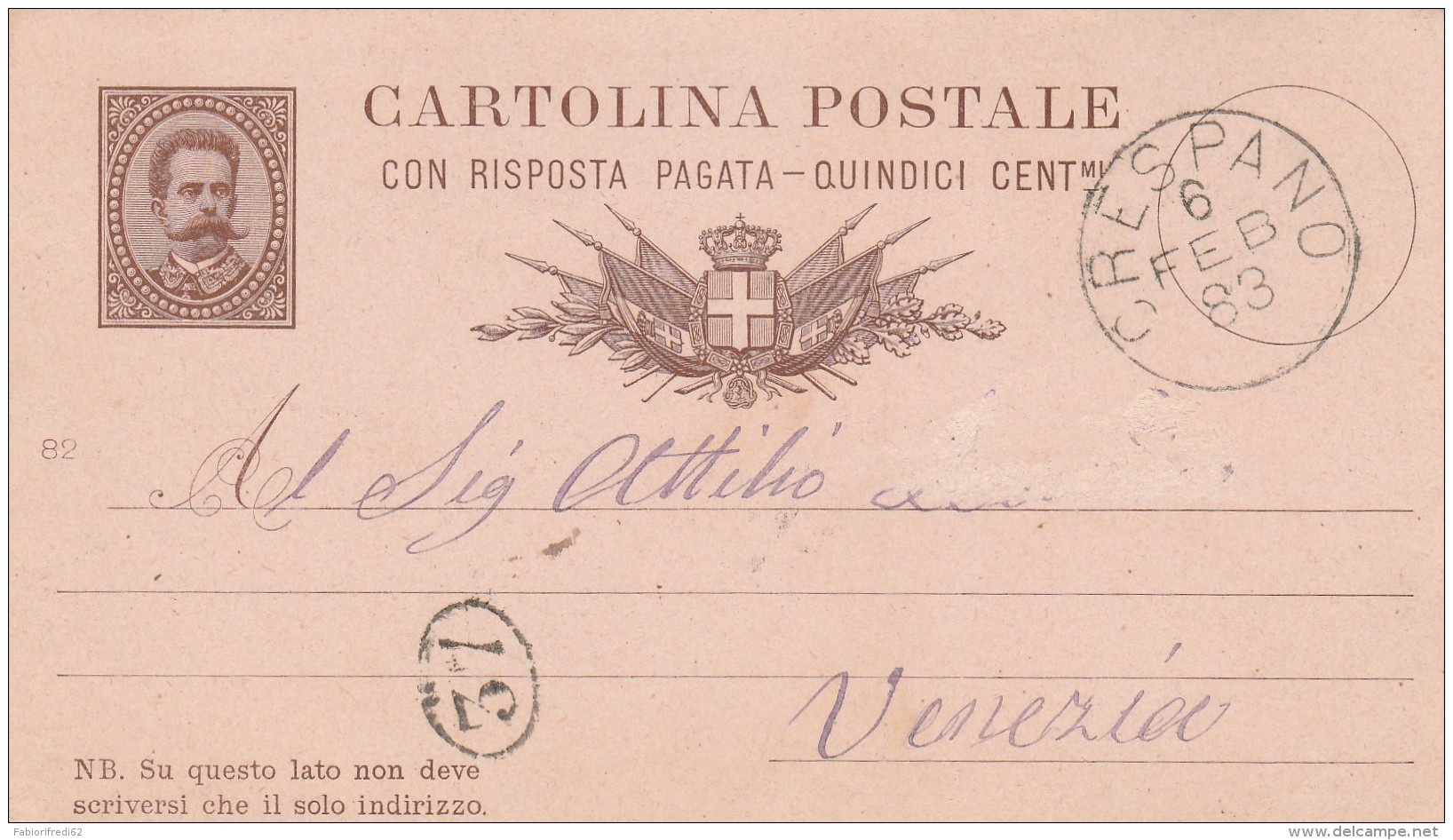 INTERO POSTALE EMISS1882 VIAGG.1883 15 CENT RIPOSTA PAGATA TIMBRO CRESPANO (Z1013 - Stamped Stationery