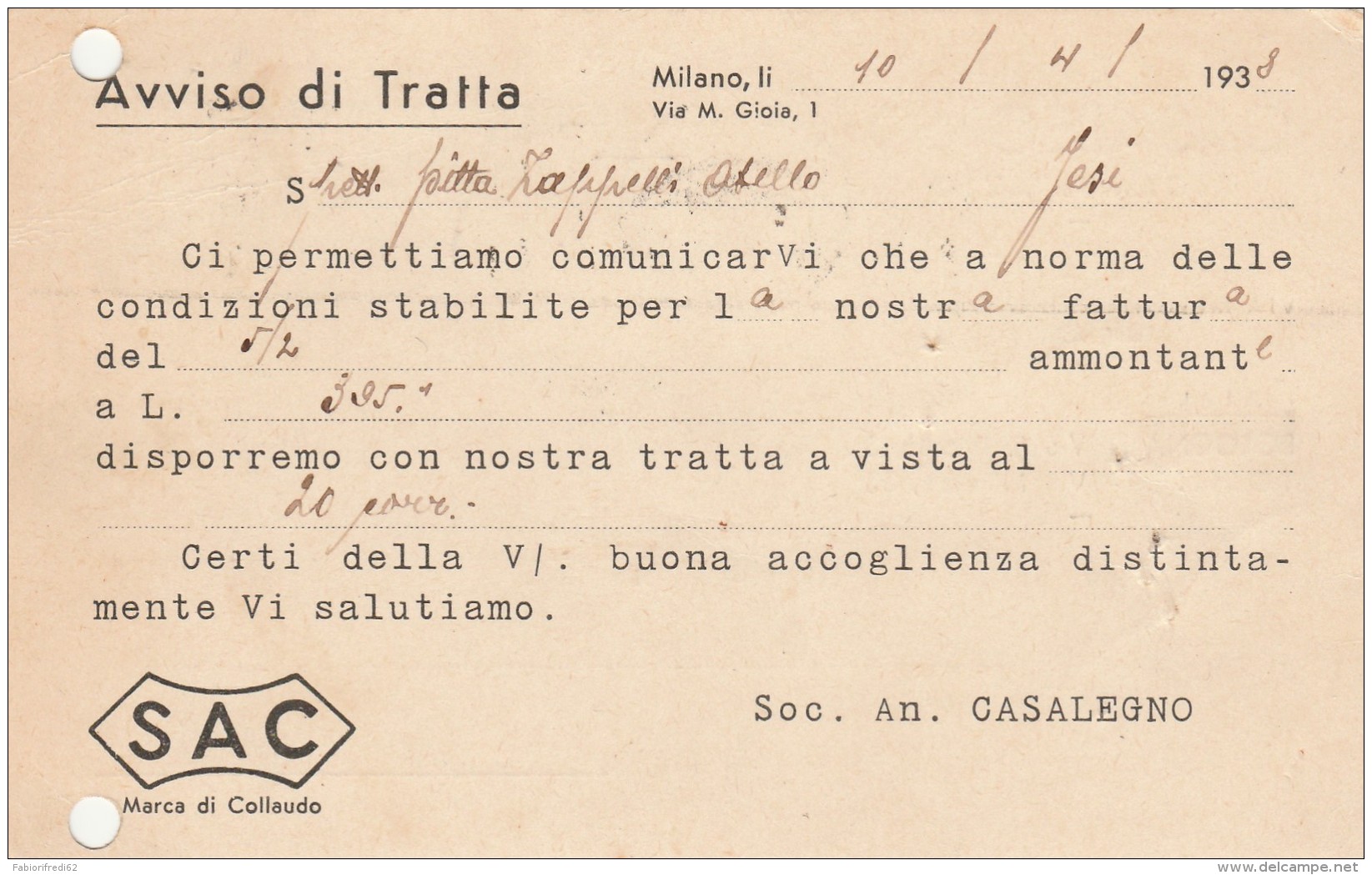 CARTOLINA 1938 CON 30 CENT. TIMBRO ANCONA MILANO LOTTERIA- FORI (Z1168 - Storia Postale