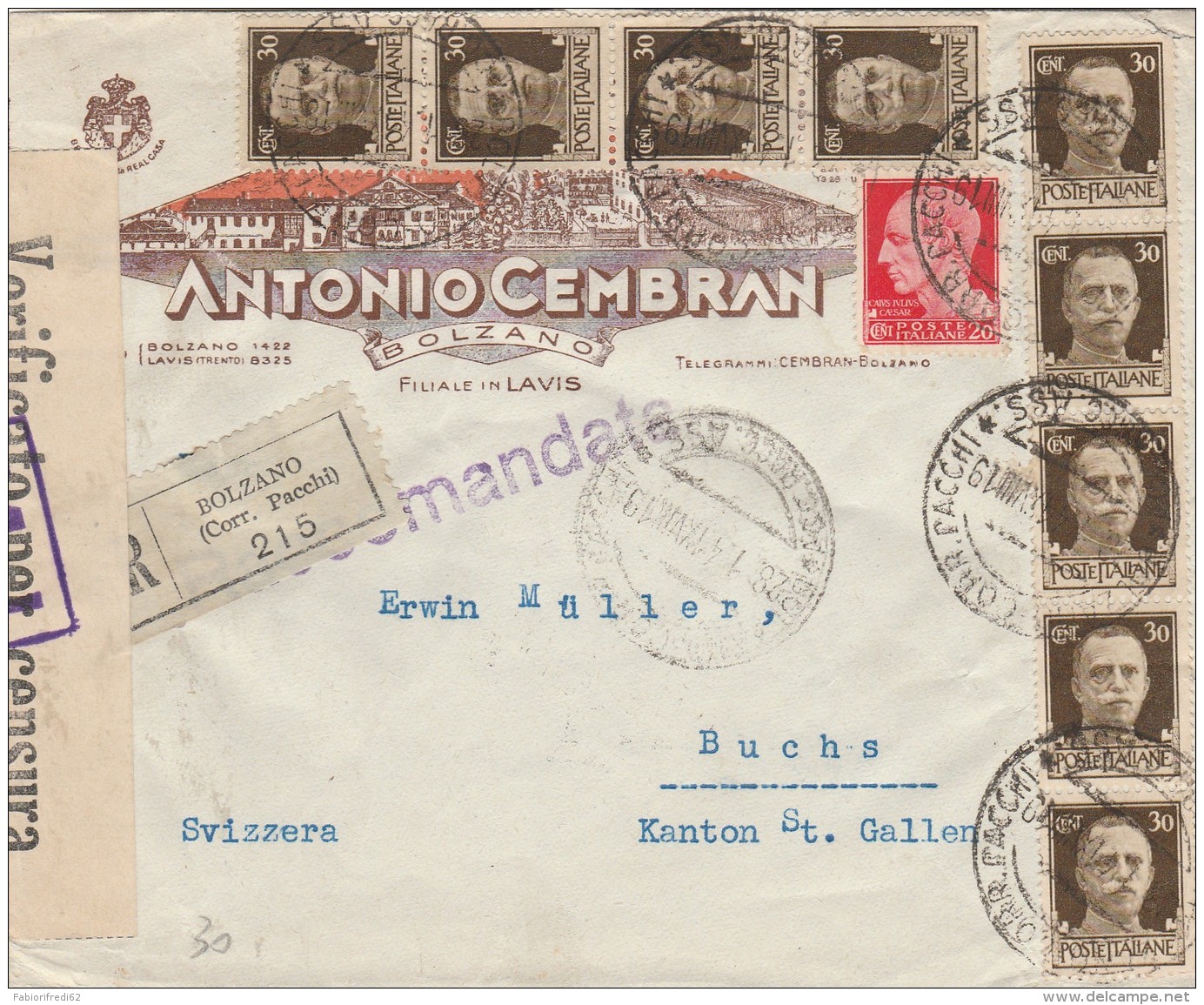 RACCOMANDATA 1941 CON 9X30+20 CENT TIMBRI BOLZANO - BUCHS(SVIZZERA) -CENSURA (Z1440 - Storia Postale