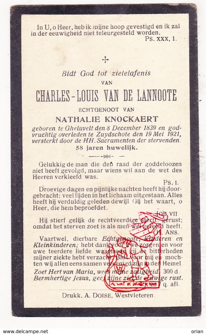 DP Charles L. Van De Lannoote ° Geluveld Zonnebeke 1839 † Zuidschote Ieper 1921 X Nath. Knockaert - Images Religieuses