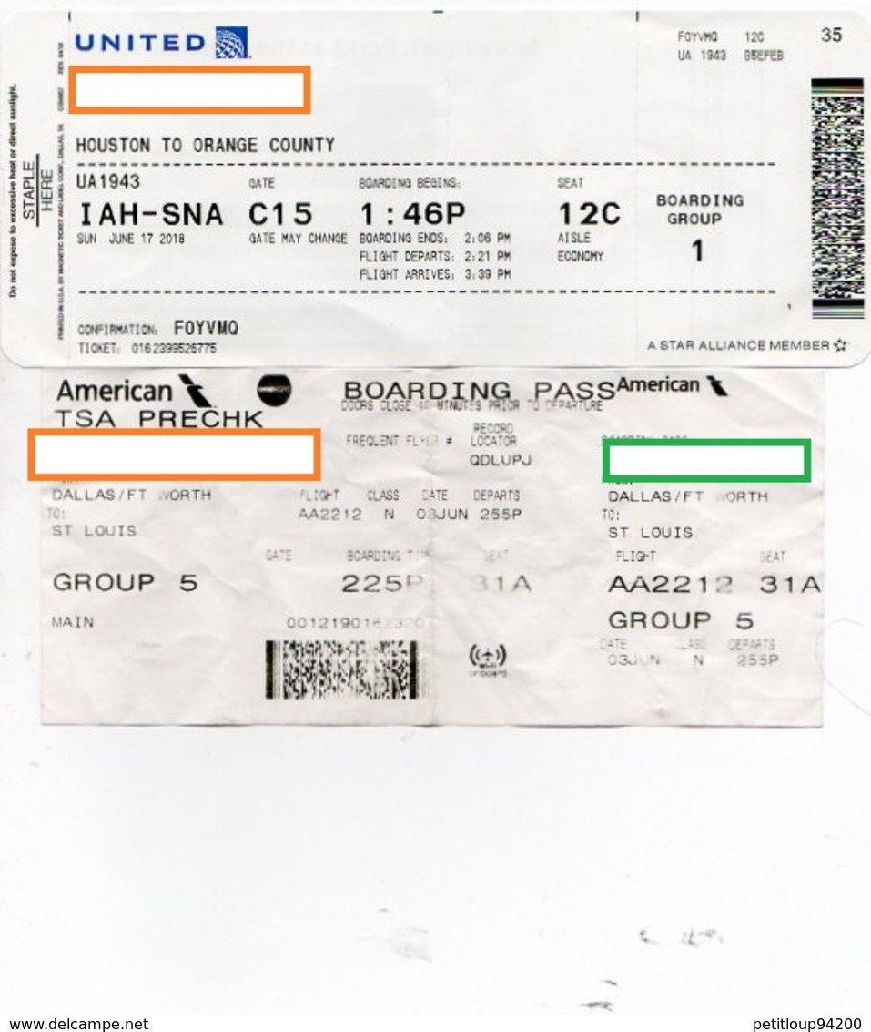 2 CARTES D'EMBARQUEMENT BOARDING PASS United & America - Cartes D'embarquement