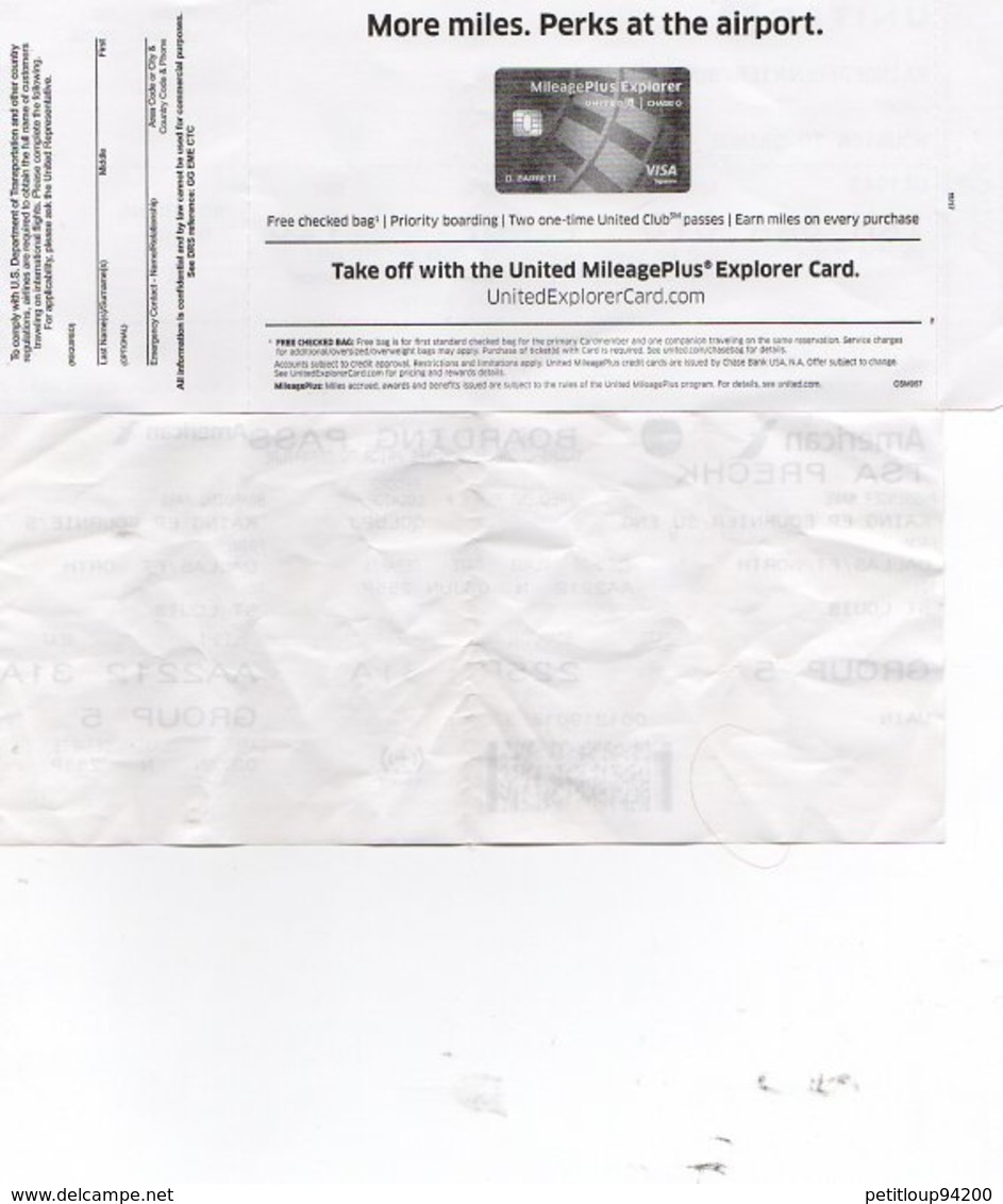 2 CARTES D'EMBARQUEMENT BOARDING PASS United & America - Bordkarten