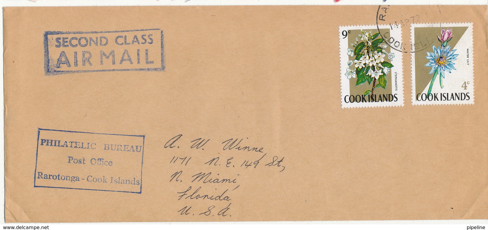 Cook Islands Cover Sent Second Class Air Mail To USA 14-4-1972 Topic FLOWERS - Cookeilanden
