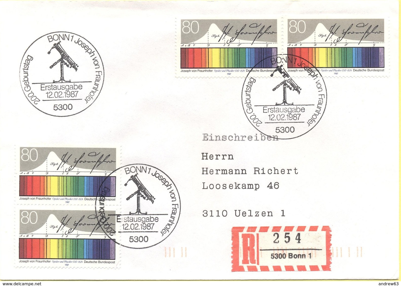 GERMANIA - GERMANY - Deutschland - ALLEMAGNE - 1987 - 200. Geburtstag Joseph Von Fraunhofer - FDC - Bonn - Einschreiben - Altri & Non Classificati