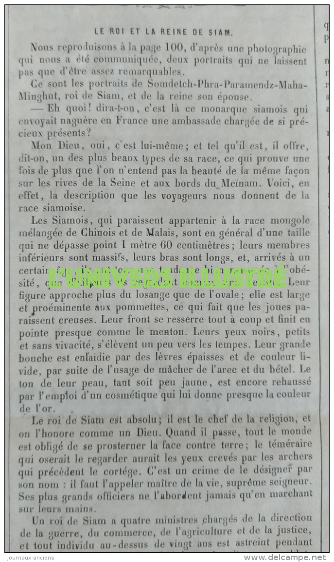 1862 LE ROI ET LA REINE DU SIAM SOMDETCH PHRA PARAMENDH MAHA MONGHUT Paru Dans L'UNIVERS ILLUSTRÉ - 1850 - 1899