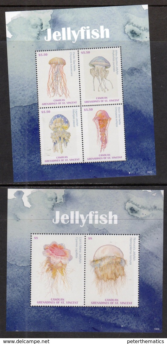 CANOUAN , GRENADINES OF ST. VINCENT, 2018, MNH, MARINE LIFE, JELLYFISH, 2 SHEETLETS, HIGH FV - Maritiem Leven