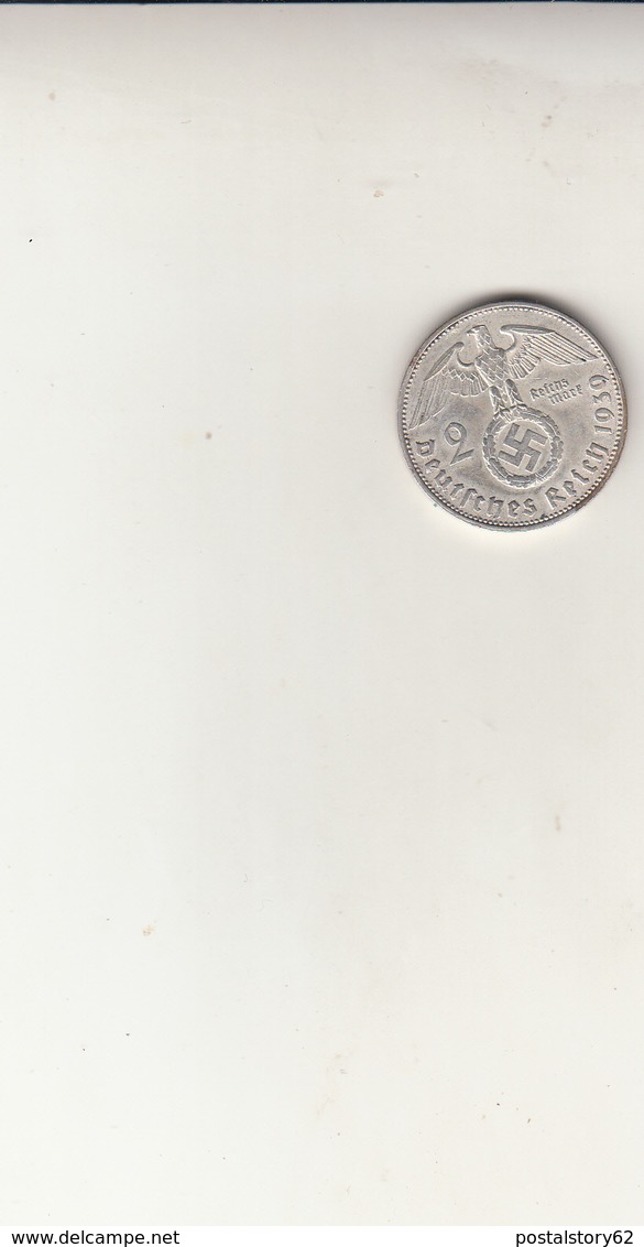 2 Reichmark Germany 1939. Silver Coin - 2 Reichsmark