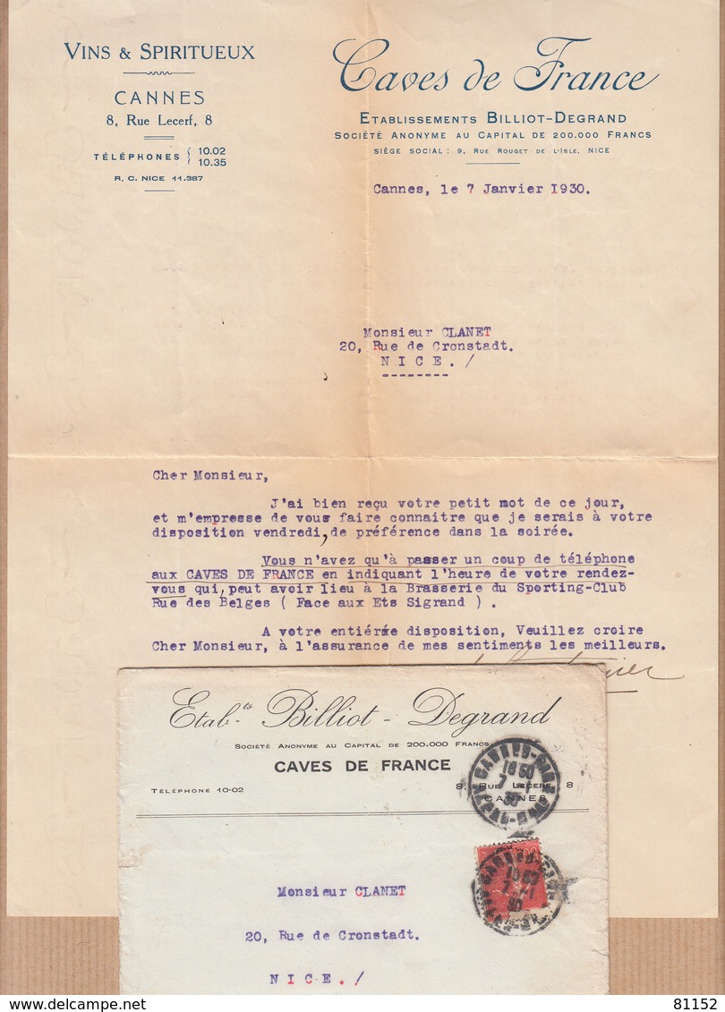 PUBLICITE Theme VINS Et SPIRITUEUX Lettre + Envel De CANNES Alpes Mmes Pour Le 7 Janv 1930 Pour NICE - Other & Unclassified