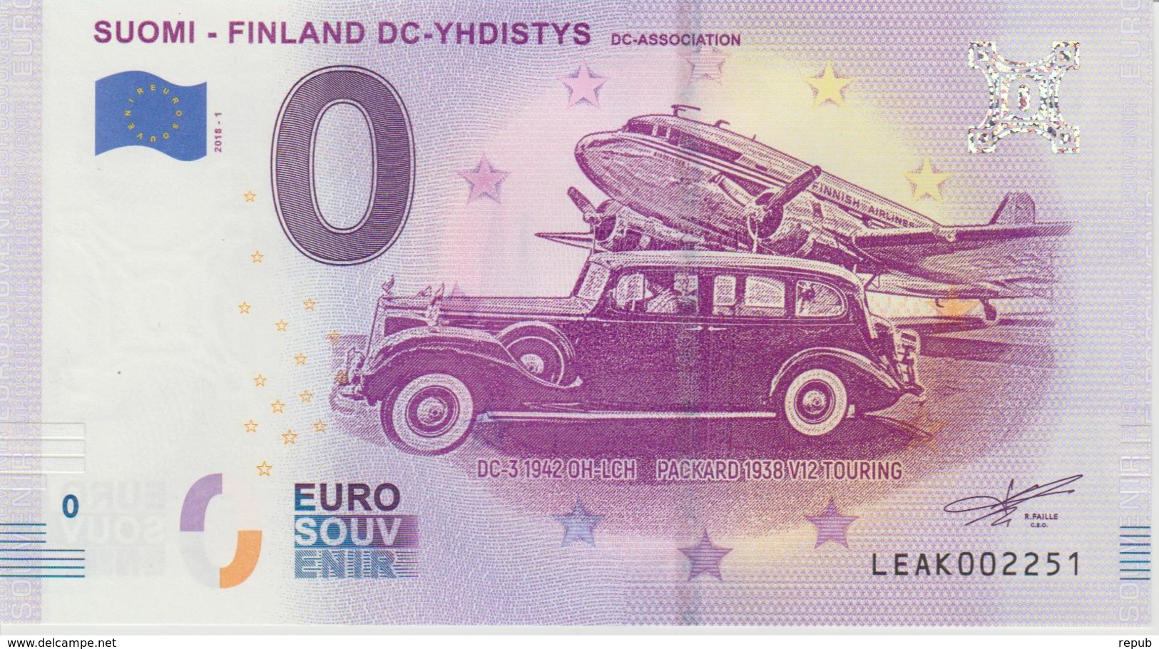 Billet Touristique 0 Euro Souvenir Finlande Suomi Finland DC-Yhdistys 2018-1 N°LEAK002251 - Essais Privés / Non-officiels