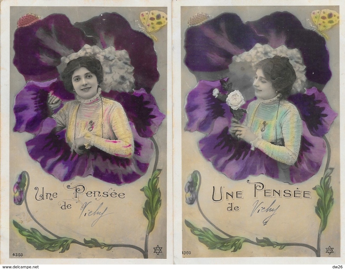 Fantaisie, Femme Dans Une Fleur - Une Pensée De (Vichy) - Lot De 2 Cartes P.C. Série N° 4303 - Femmes