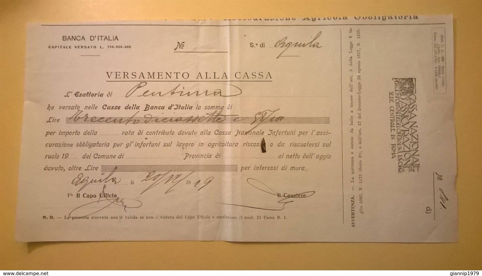 1919 VERSAMENTO TAGLIANDO RICEVUTA ASSICURAZIONE CASSA NAZIONALE INFORTUNI LAVORO SEDE L' AQUILA - Banca & Assicurazione