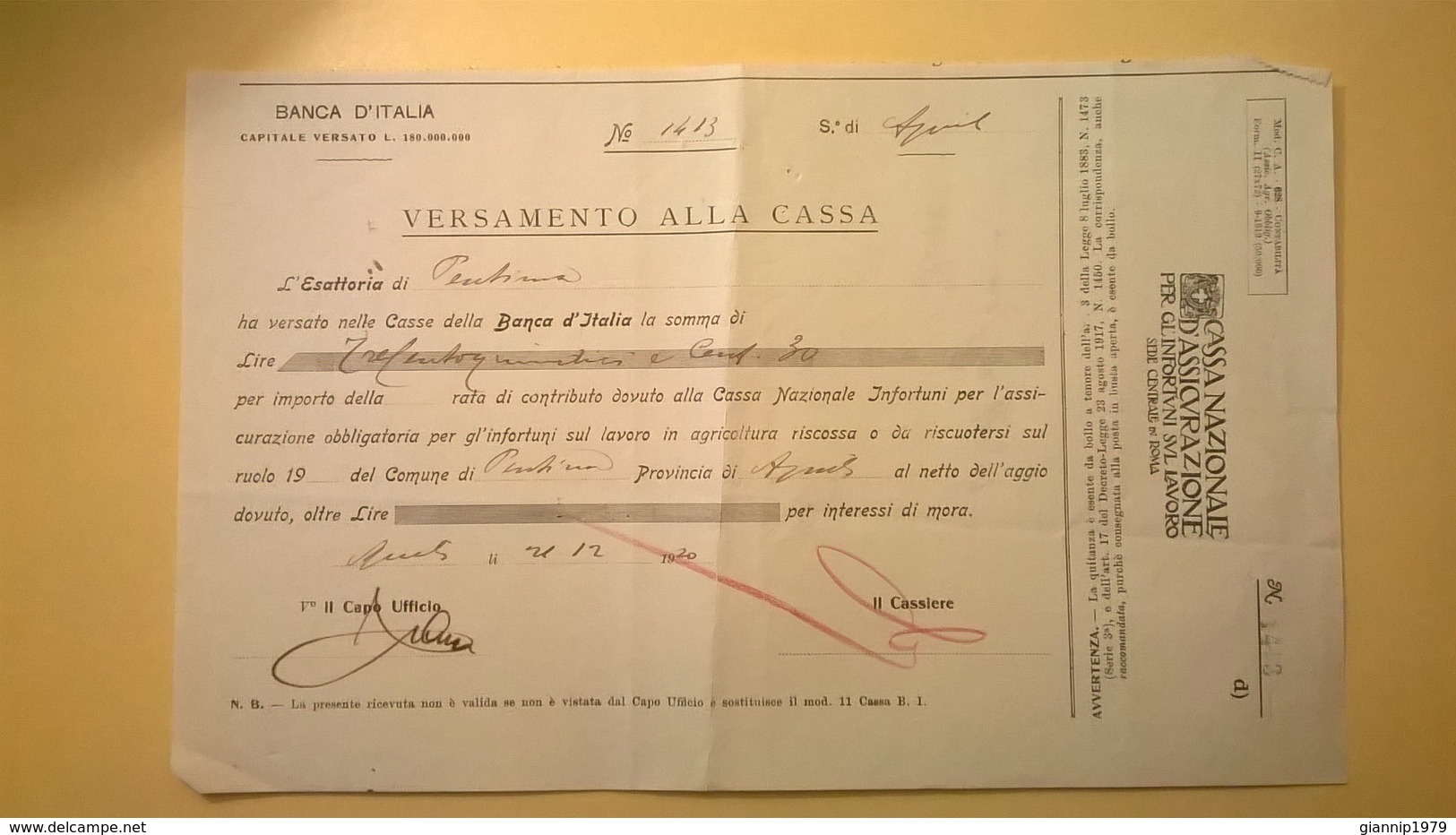 1920 VERSAMENTO TAGLIANDO RICEVUTA ASSICURAZIONE CASSA NAZIONALE INFORTUNI LAVORO SEDE L' AQUILA - Banque & Assurance