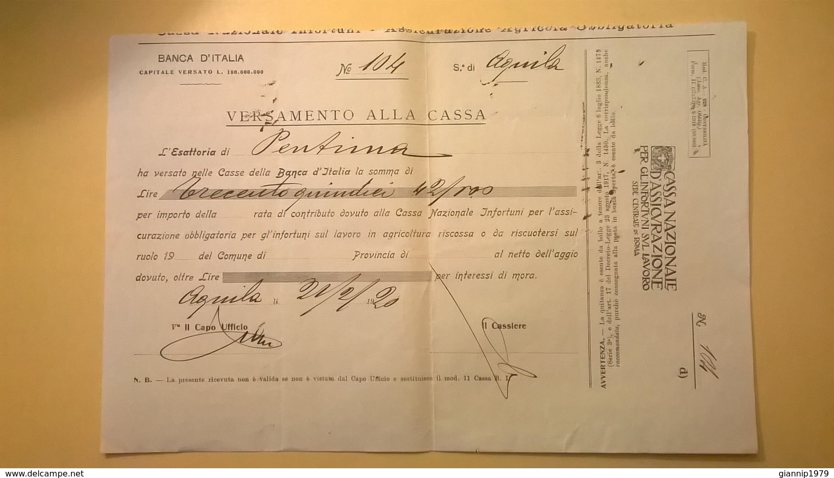 1920 VERSAMENTO TAGLIANDO RICEVUTA ASSICURAZIONE CASSA NAZIONALE INFORTUNI LAVORO SEDE L' AQUILA - Banca & Assicurazione