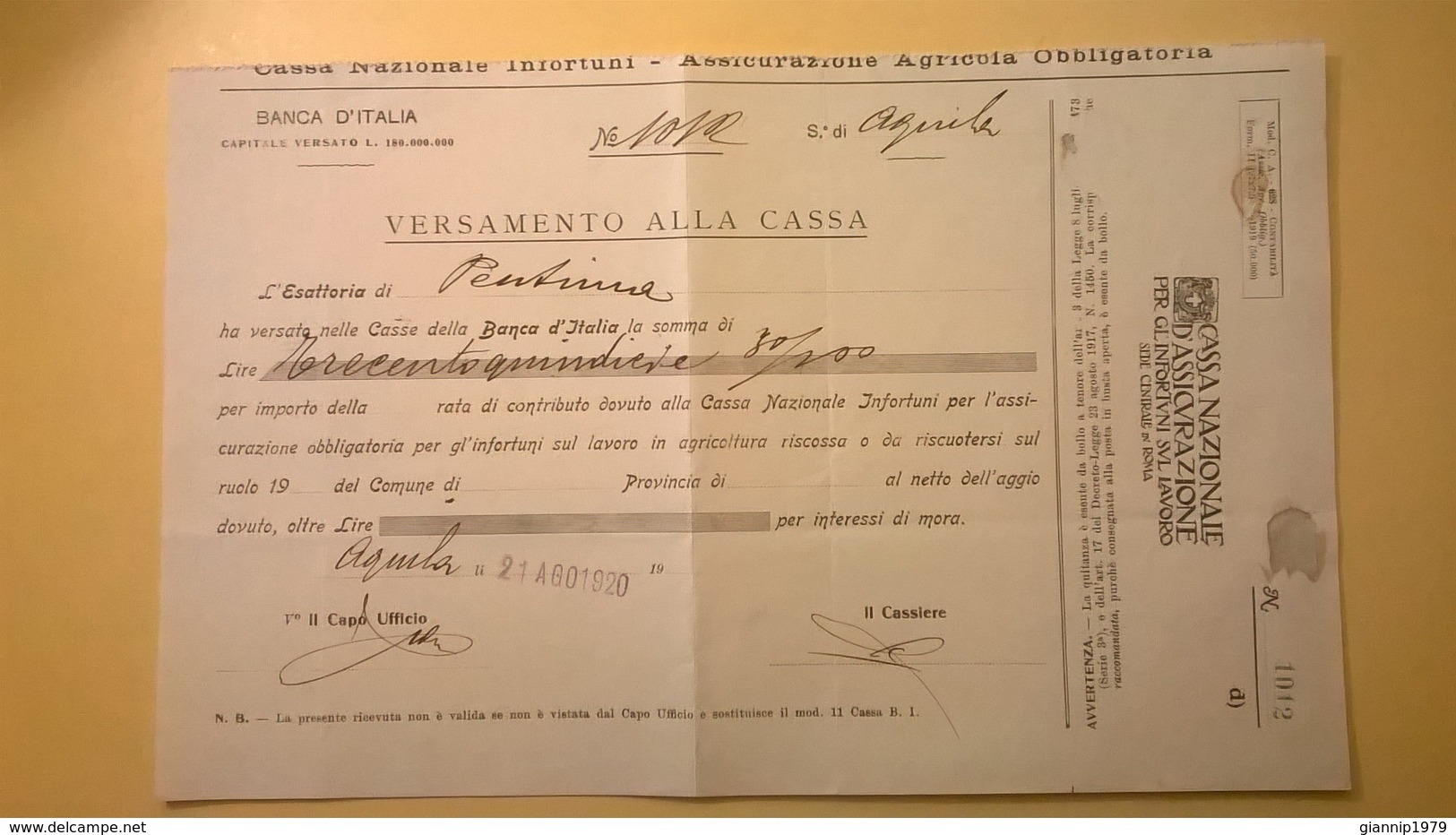 1920 VERSAMENTO TAGLIANDO RICEVUTA ASSICURAZIONE CASSA NAZIONALE INFORTUNI LAVORO SEDE L' AQUILA - Banca & Assicurazione