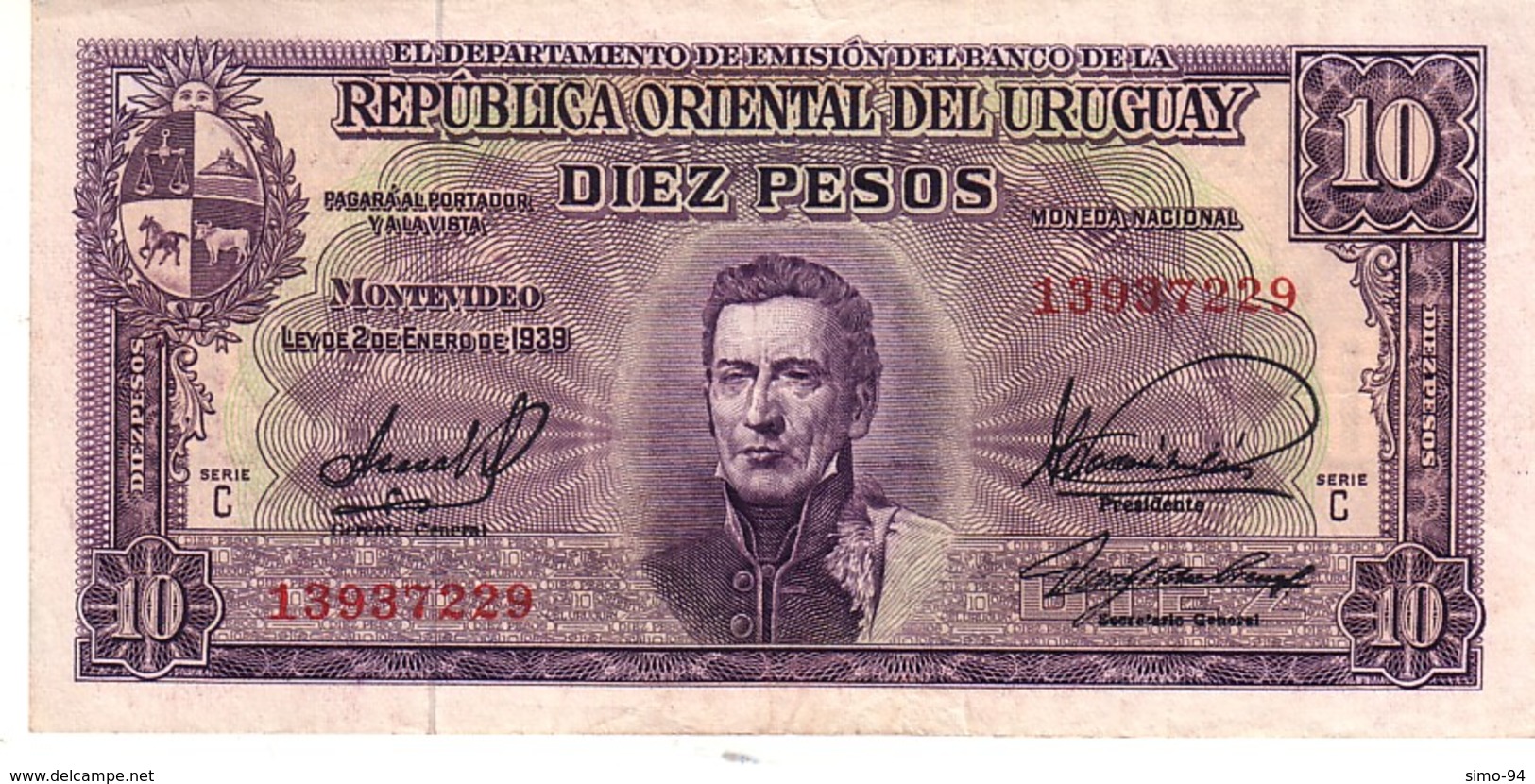 Uruguay P.37 10 Pesos 1939 A-unc - Uruguay