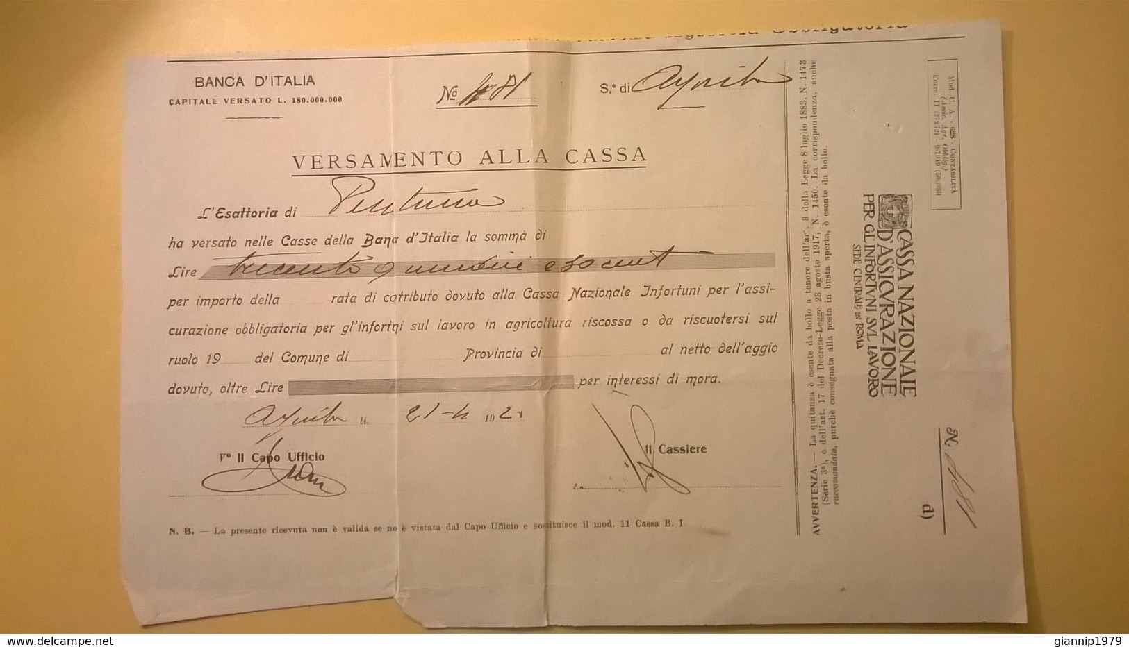 1921 VERSAMENTO TAGLIANDO RICEVUTA ASSICURAZIONE CASSA NAZIONALE INFORTUNI LAVORO SEDE L' AQUILA - Banca & Assicurazione