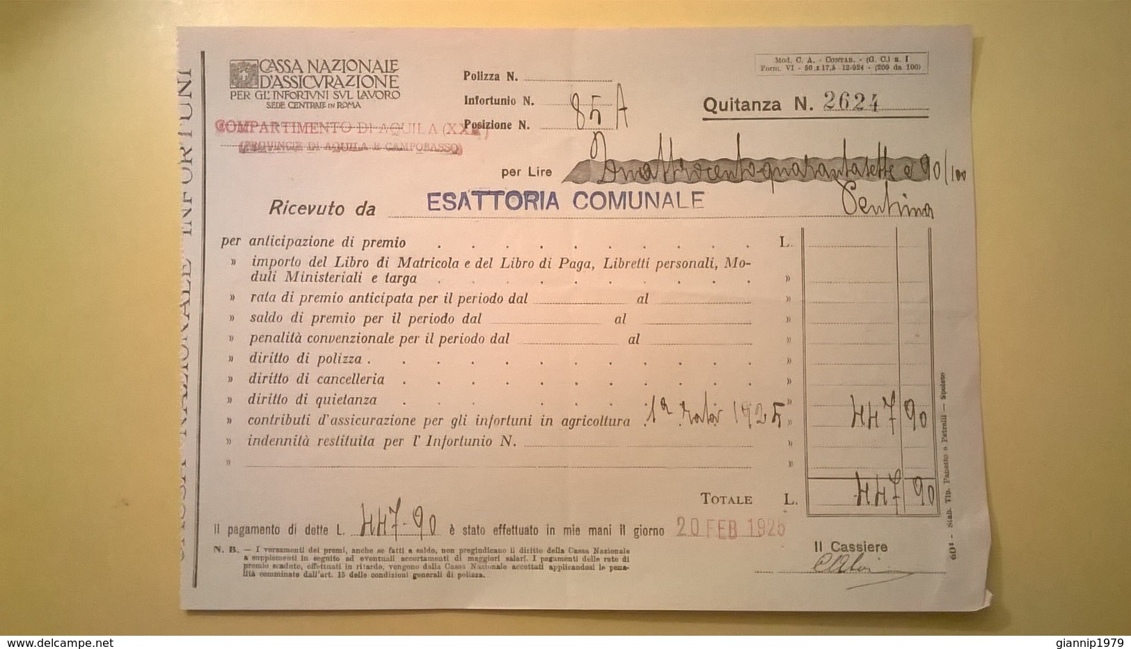 1925 VERSAMENTO TAGLIANDO RICEVUTA ASSICURAZIONE CASSA NAZIONALE INFORTUNI LAVORO SEDE L' AQUILA - Banca & Assicurazione