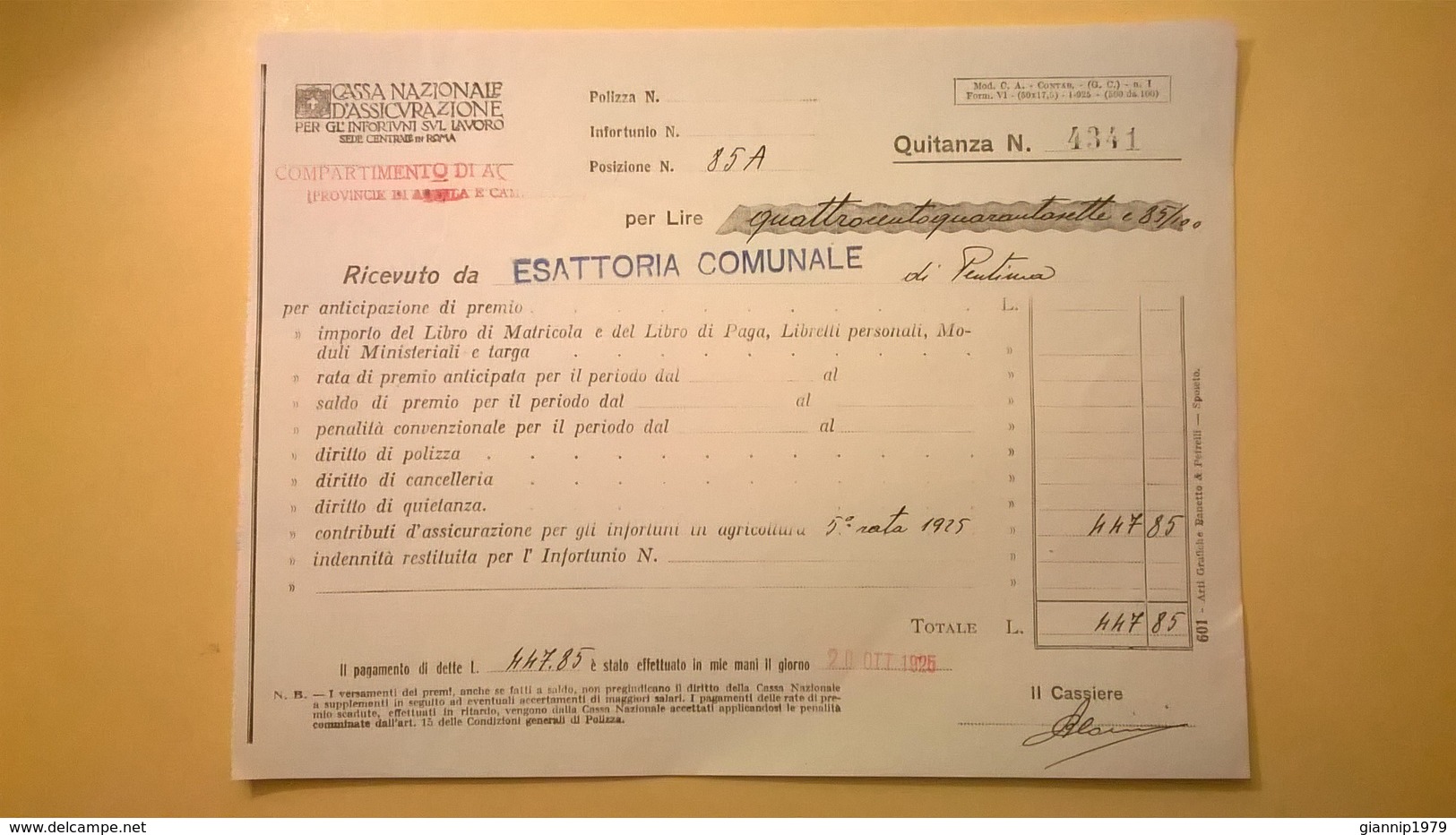 1925 VERSAMENTO TAGLIANDO RICEVUTA ASSICURAZIONE CASSA NAZIONALE INFORTUNI LAVORO SEDE L' AQUILA - Banca & Assicurazione