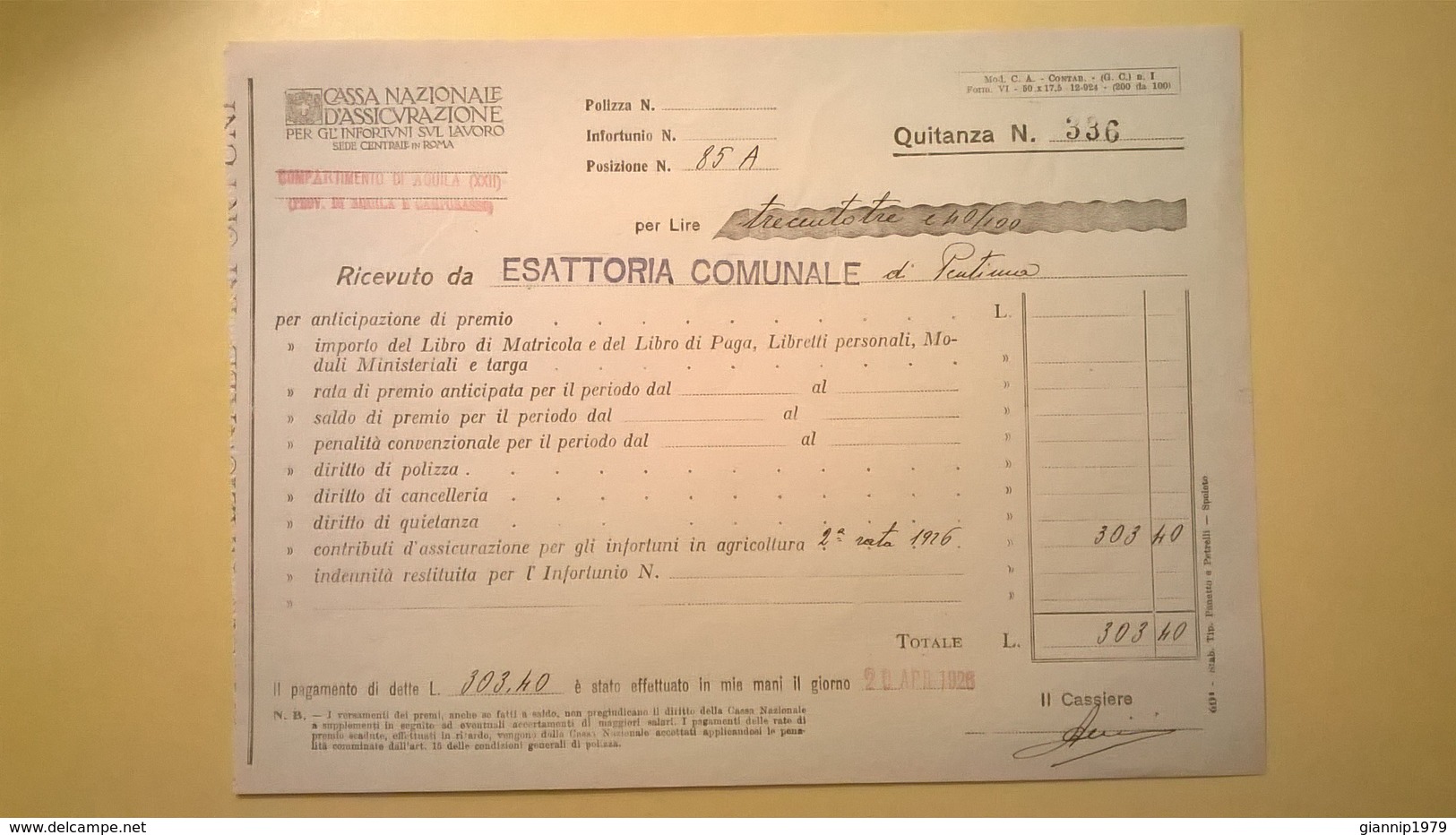 1926 VERSAMENTO TAGLIANDO RICEVUTA ASSICURAZIONE CASSA NAZIONALE INFORTUNI LAVORO SEDE L' AQUILA - Banca & Assicurazione