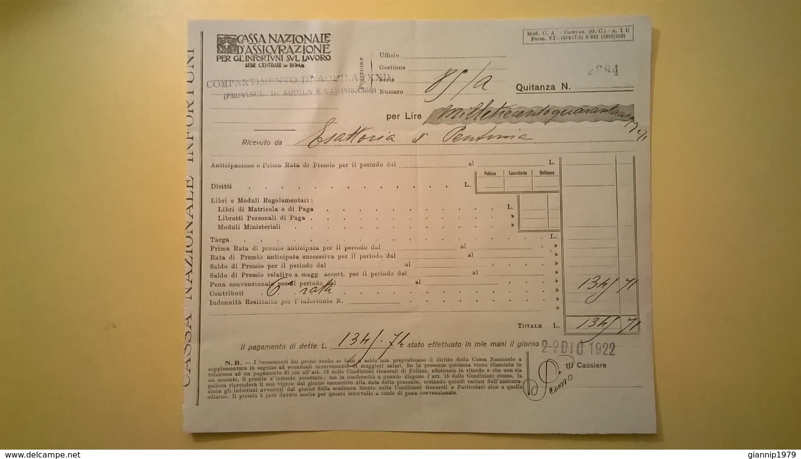 1922 VERSAMENTO TAGLIANDO RICEVUTA ASSICURAZIONE CASSA NAZIONALE INFORTUNI LAVORO SEDE L' AQUILA - Banca & Assicurazione