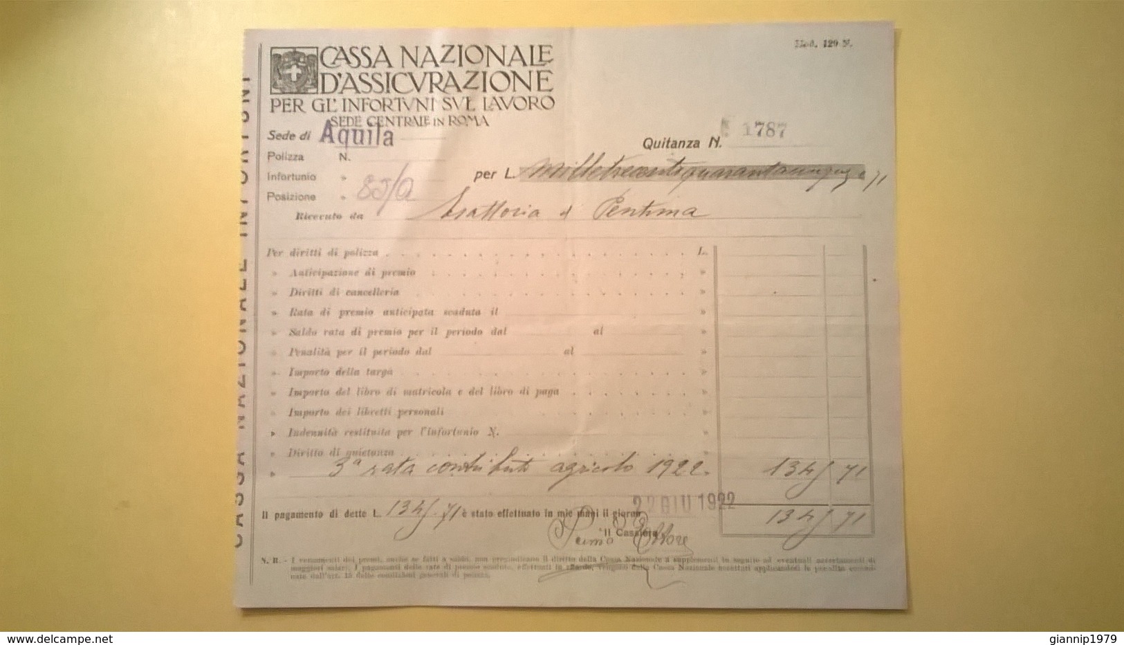 1922 VERSAMENTO TAGLIANDO RICEVUTA ASSICURAZIONE CASSA NAZIONALE INFORTUNI LAVORO SEDE L' AQUILA - Banca & Assicurazione