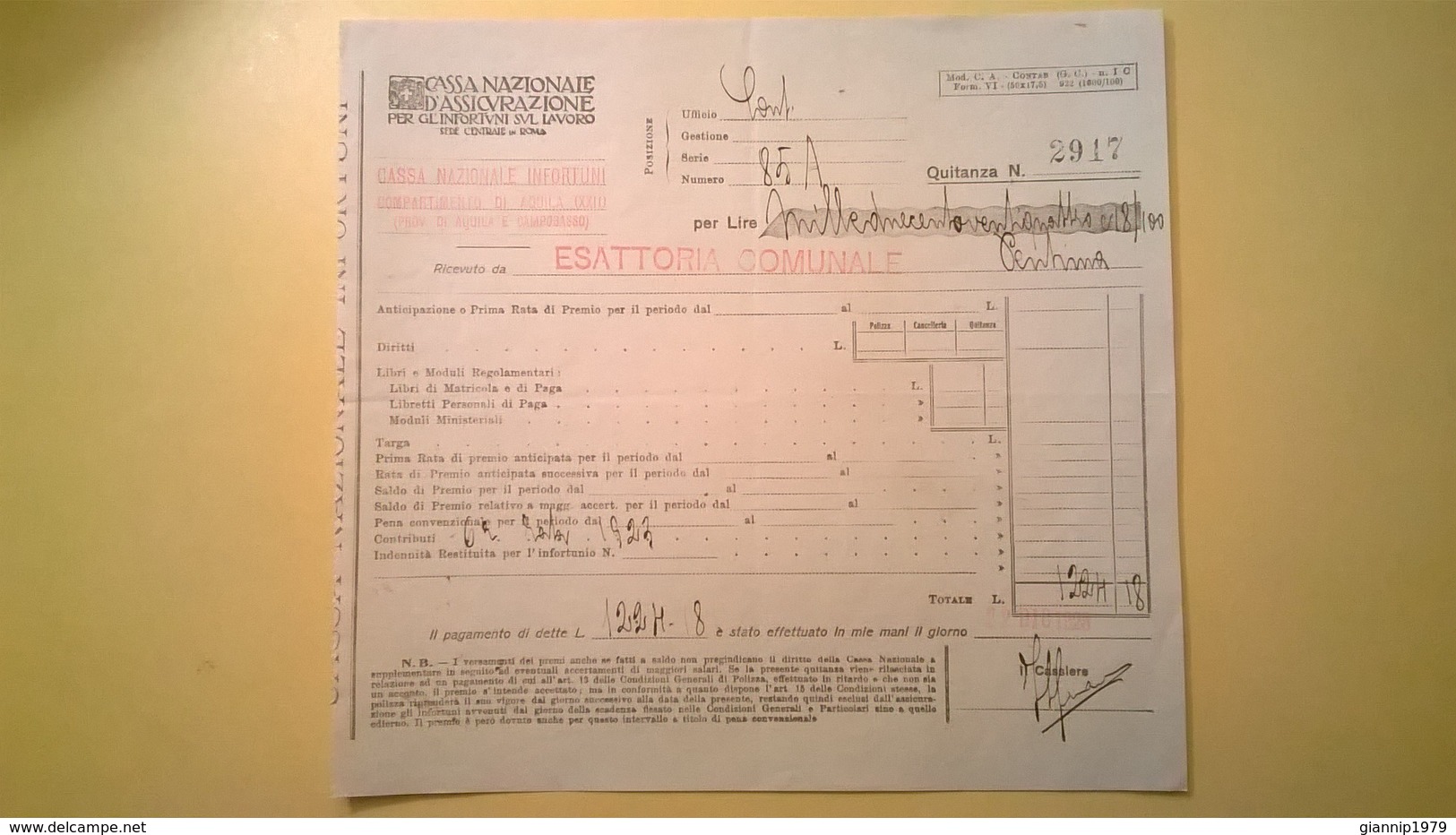 1923 VERSAMENTO TAGLIANDO RICEVUTA ASSICURAZIONE CASSA NAZIONALE INFORTUNI LAVORO SEDE L' AQUILA - Banca & Assicurazione