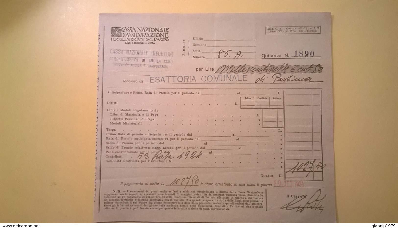 1924 VERSAMENTO TAGLIANDO RICEVUTA ASSICURAZIONE CASSA NAZIONALE INFORTUNI LAVORO SEDE L' AQUILA - Banca & Assicurazione