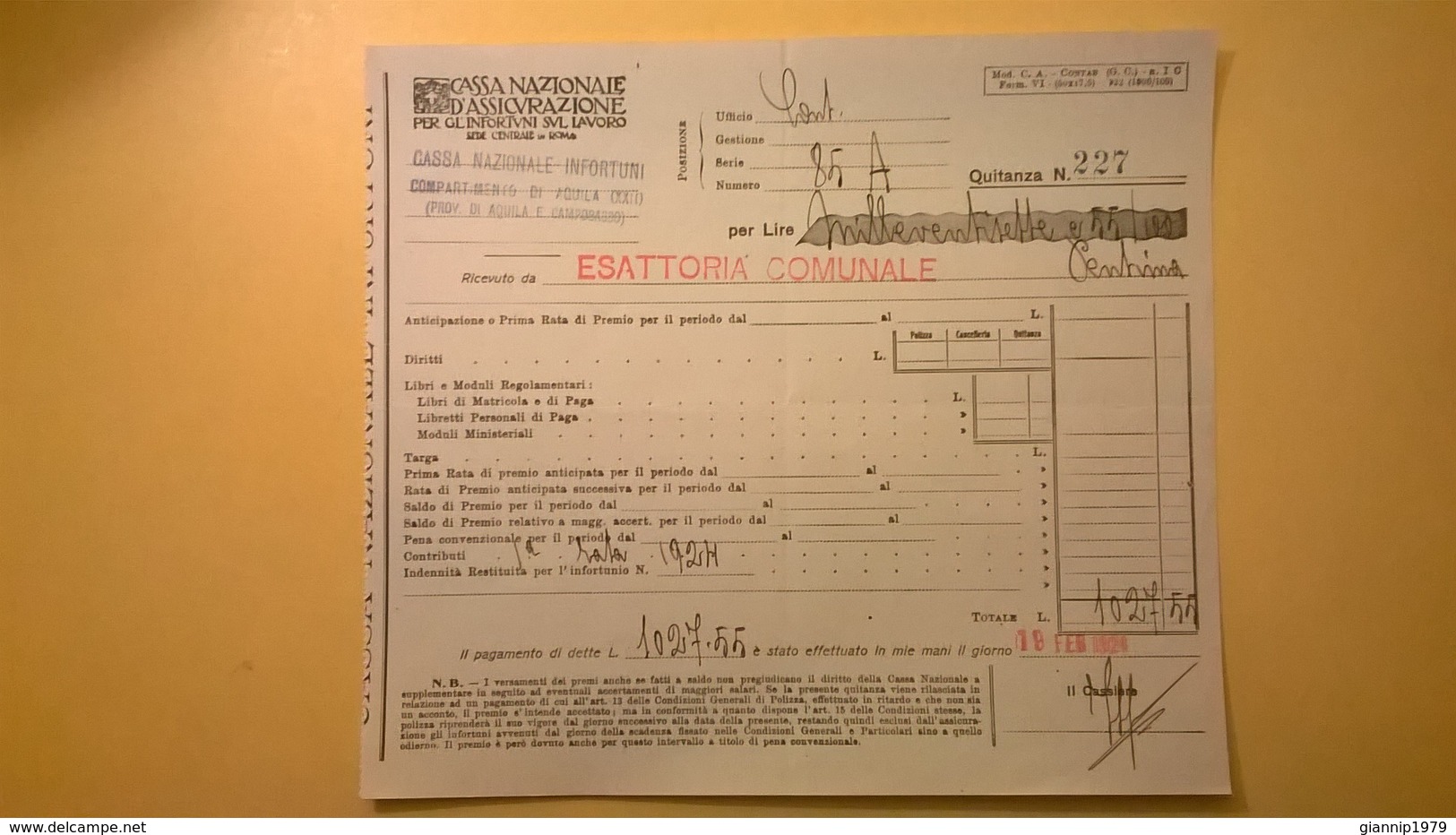 1924 VERSAMENTO TAGLIANDO RICEVUTA ASSICURAZIONE CASSA NAZIONALE INFORTUNI LAVORO SEDE L' AQUILA - Banca & Assicurazione