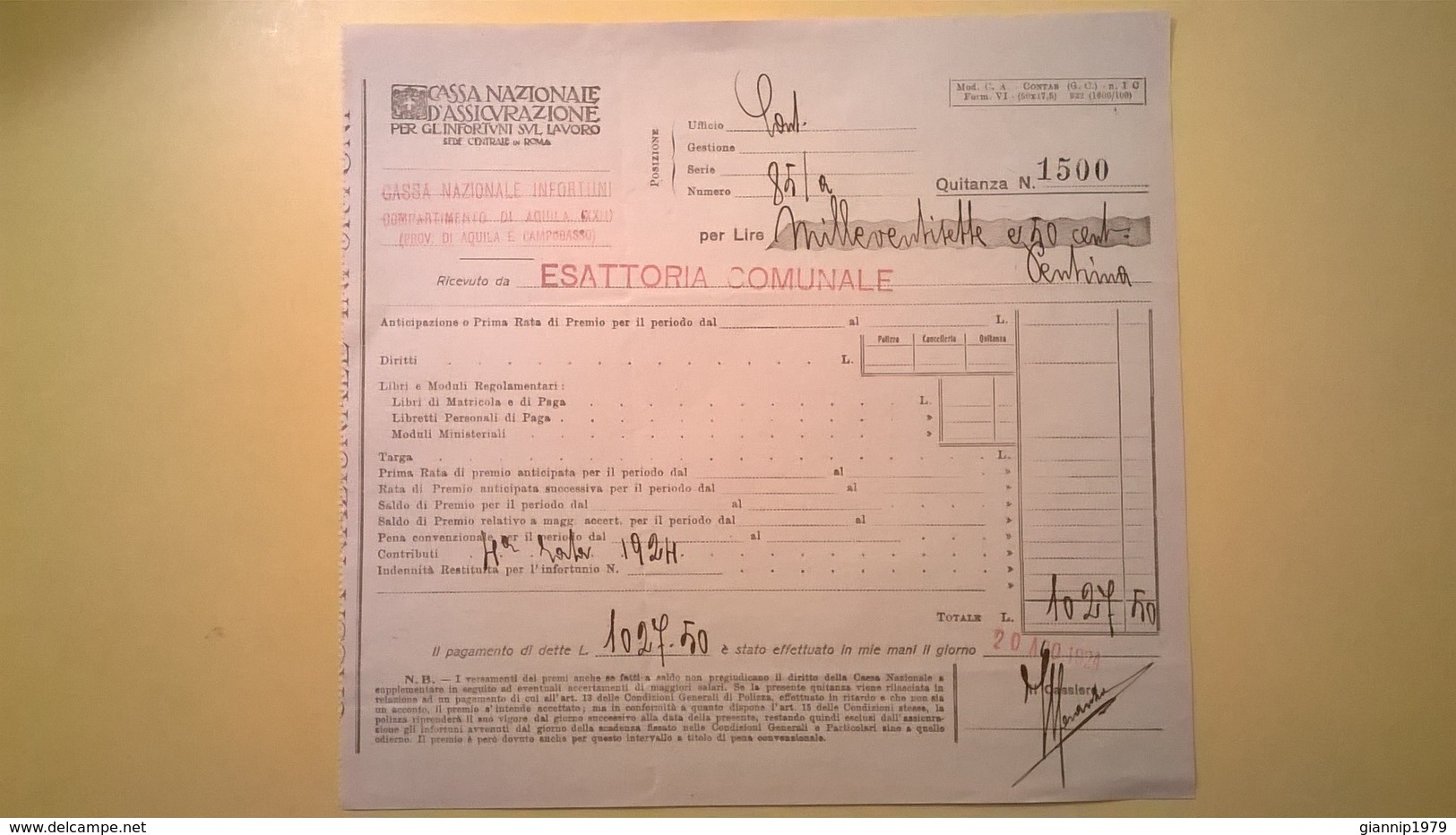 1924 VERSAMENTO TAGLIANDO RICEVUTA ASSICURAZIONE CASSA NAZIONALE INFORTUNI LAVORO SEDE L' AQUILA - Banca & Assicurazione