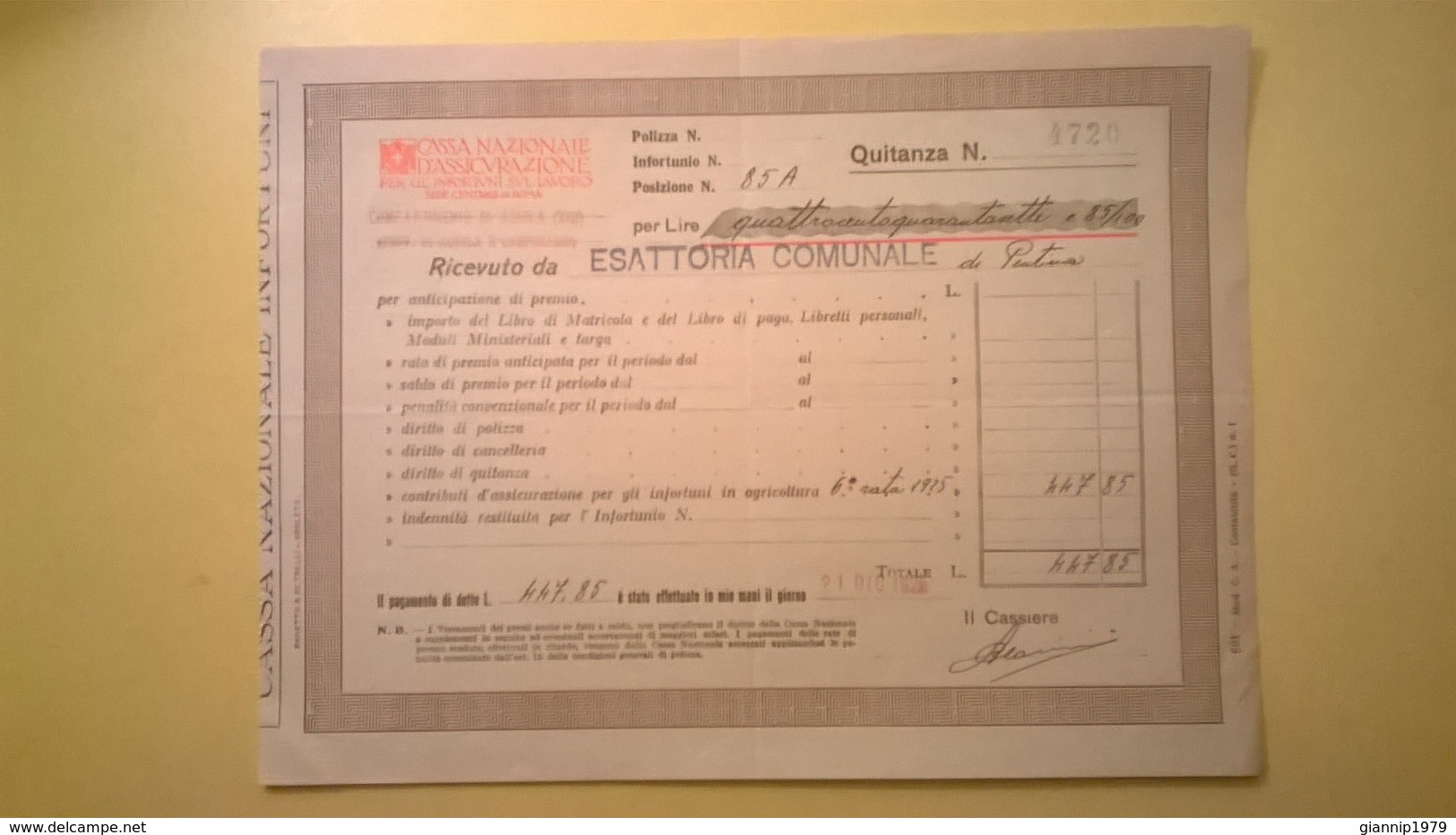 1925 VERSAMENTO TAGLIANDO RICEVUTA ASSICURAZIONE CASSA NAZIONALE INFORTUNI LAVORO SEDE L' AQUILA - Banca & Assicurazione