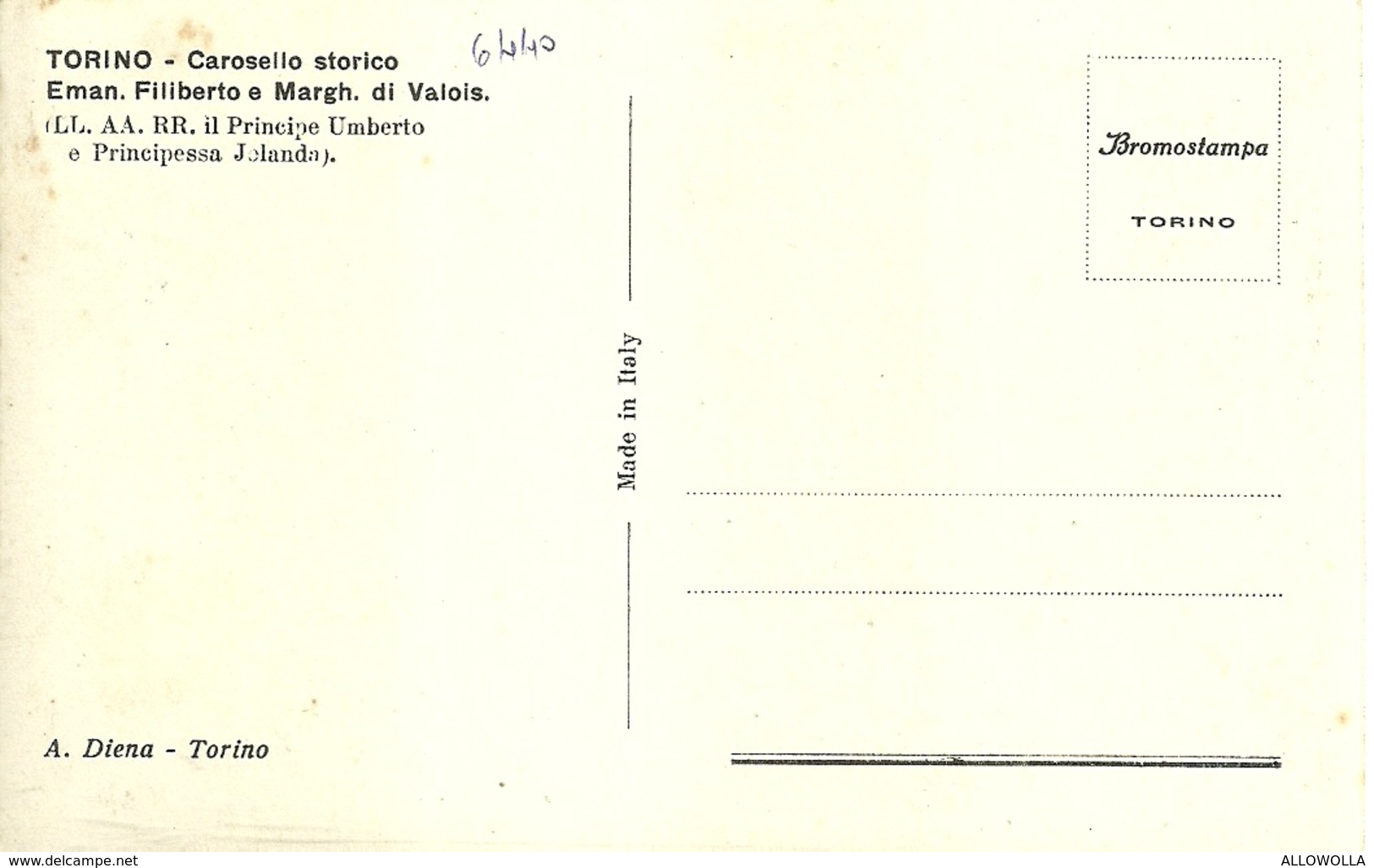 1058 "TORINO,CAROSELLO STORICO-EMAN. FILIBERTO E MARGH. DI VALOIS-LL.AA.RR.PRINC. UMBERTO E JOLANDA" CART. OR. NON SPED. - Royal Families