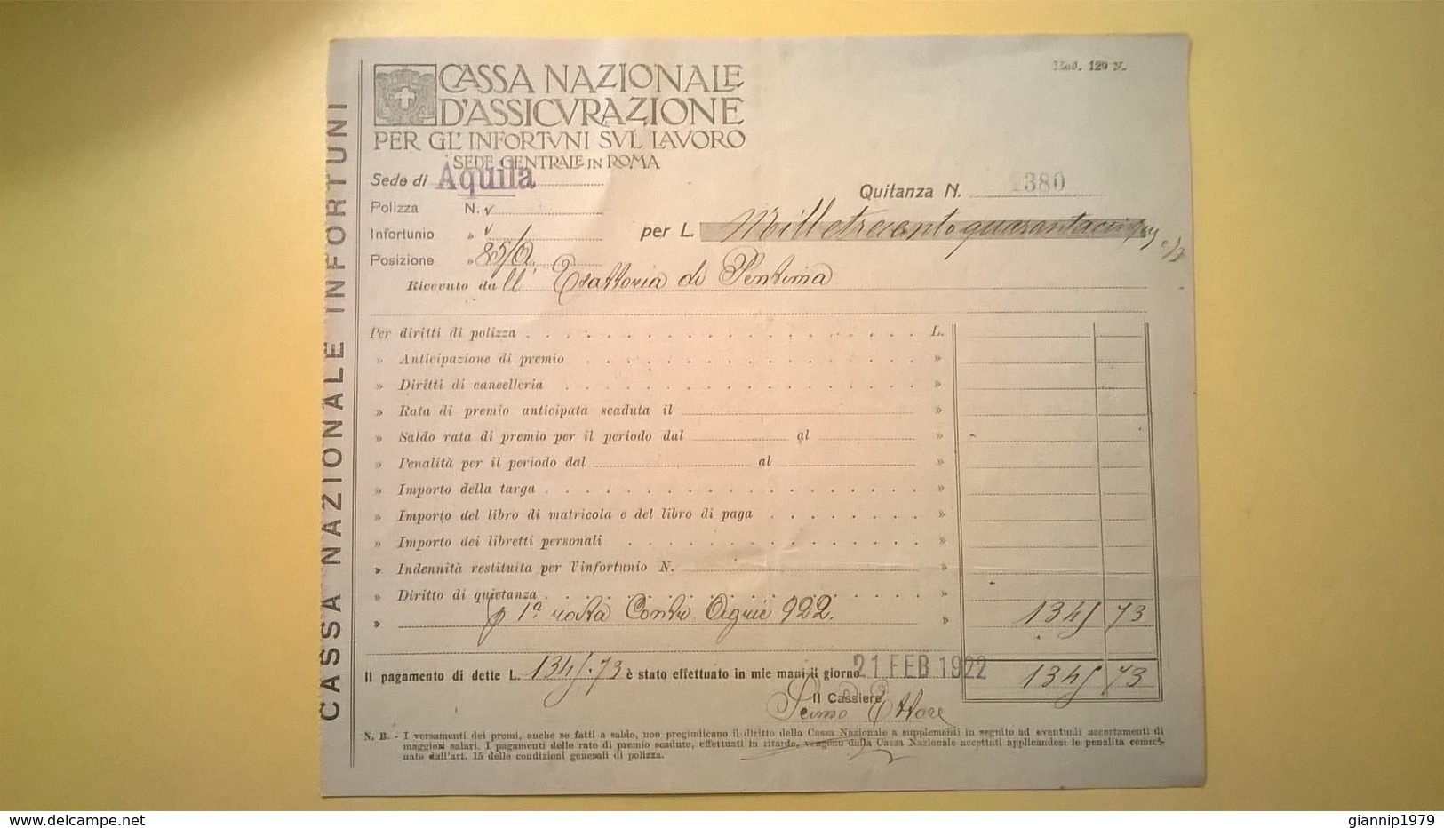 1922 VERSAMENTO TAGLIANDO RICEVUTA ASSICURAZIONE CASSA NAZIONALE INFORTUNI LAVORO SEDE L' AQUILA - Banca & Assicurazione