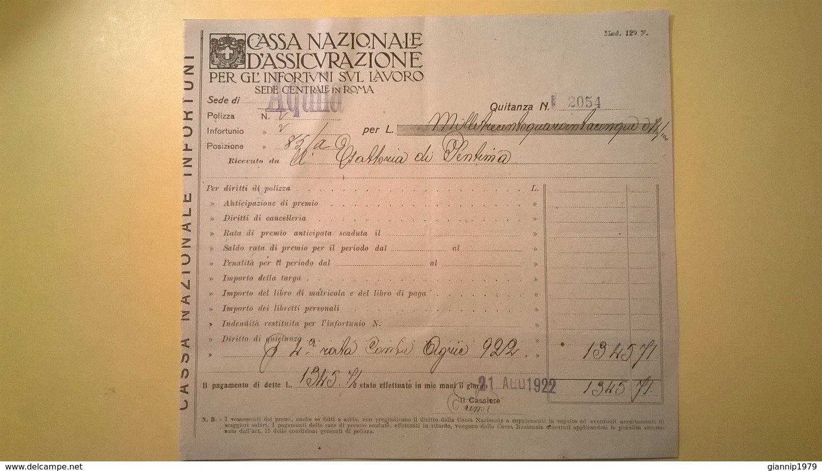 1922 VERSAMENTO TAGLIANDO RICEVUTA ASSICURAZIONE CASSA NAZIONALE INFORTUNI LAVORO SEDE L' AQUILA - Banque & Assurance