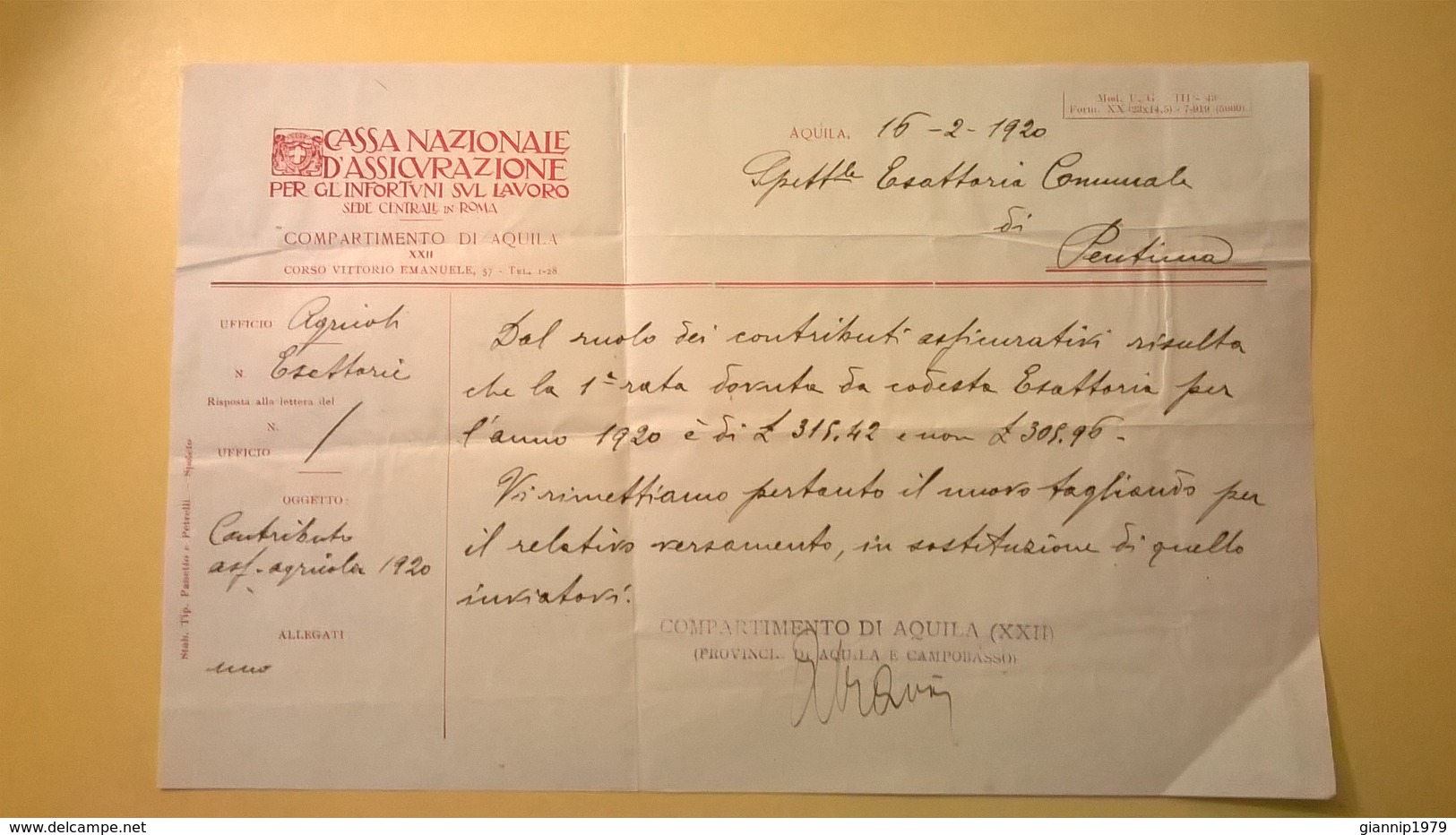 1920 VERSAMENTO TAGLIANDO RICEVUTA ASSICURAZIONE CASSA NAZIONALE INFORTUNI LAVORO SEDE L' AQUILA - Banca & Assicurazione